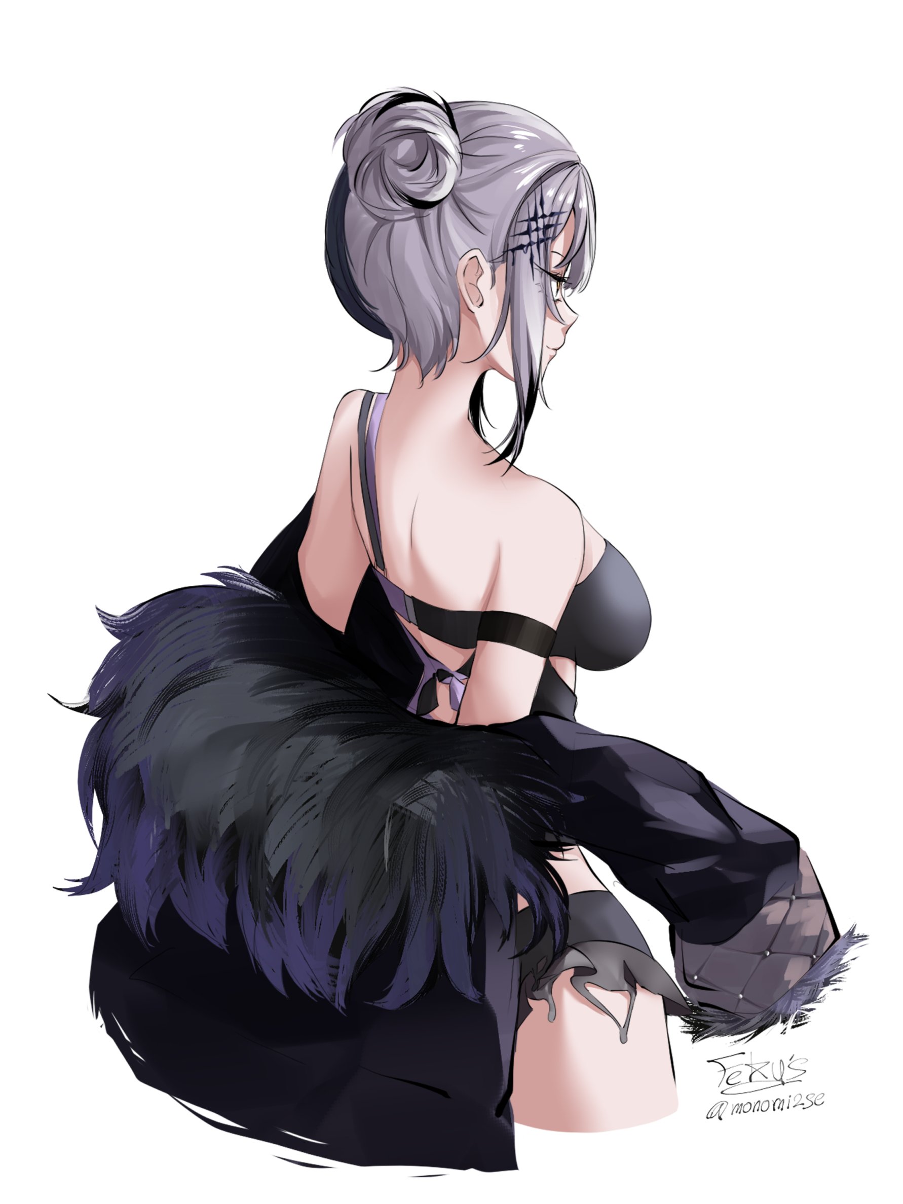 gloryaldelly, shiori novella, shiori novella (holonatsu paradise), hololive, hololive english, highres, 1girl, bikini, black bikini, black coat, black hair, breasts, closed mouth, coat, fur-trimmed coat, fur trim, grey hair, hair bun, large breasts, multicolored bikini, multicolored hair, official alternate costume, official alternate hairstyle, purple bikini, simple background, solo, swimsuit, two-tone bikini, two-tone hair, virtual youtuber, white background, yellow eyes