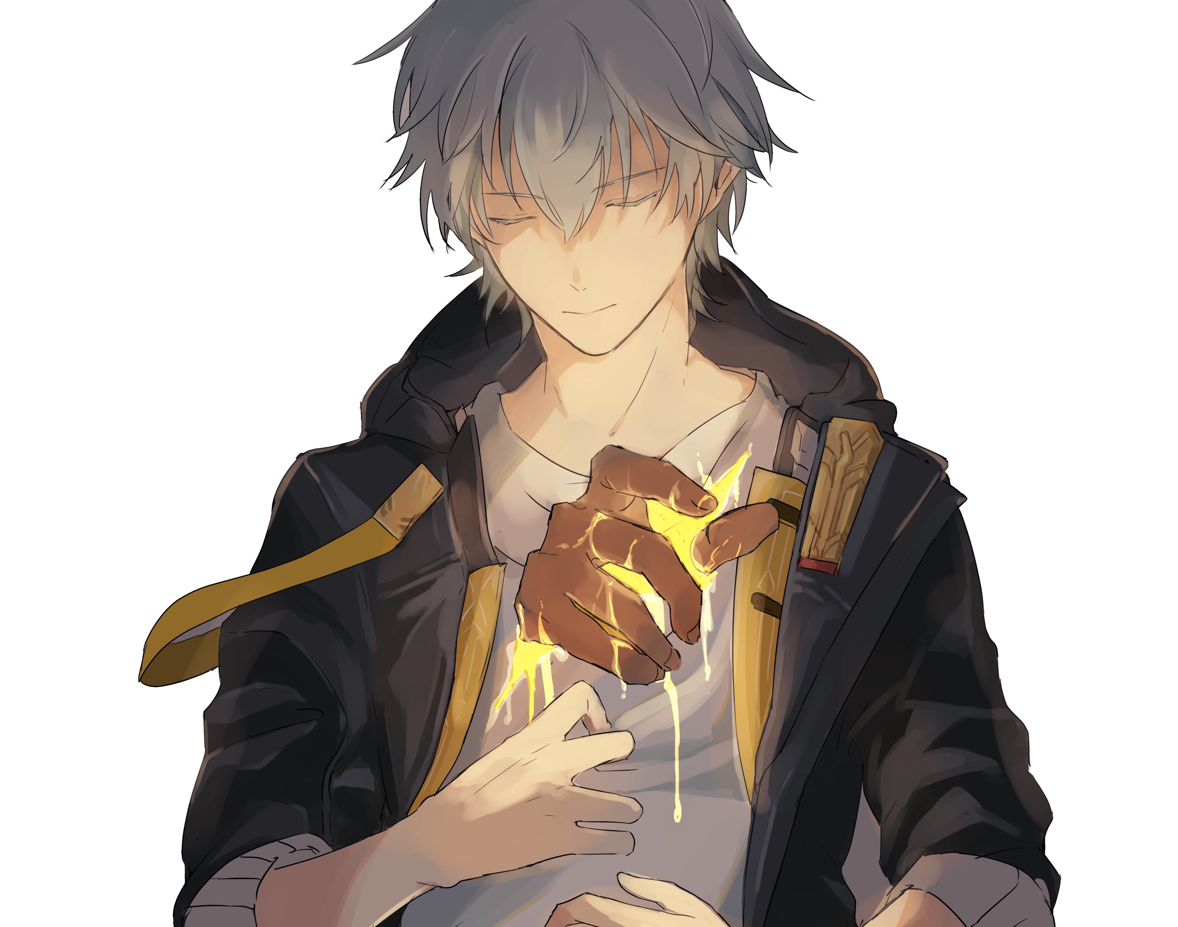 caelus (honkai: star rail), trailblazer (honkai: star rail), honkai: star rail, honkai (series), absurdres, commentary request, highres, 1boy, 1other, black coat, closed eyes, closed mouth, coat, dark skin, fingernails, grey hair, hair between eyes, hand up, hood, hooded coat, lapels, long sleeves, male focus, open clothes, open coat, scar, shirt, short hair, simple background, solo focus, sunamamire1192, t-shirt, white background, white shirt, yellow blood