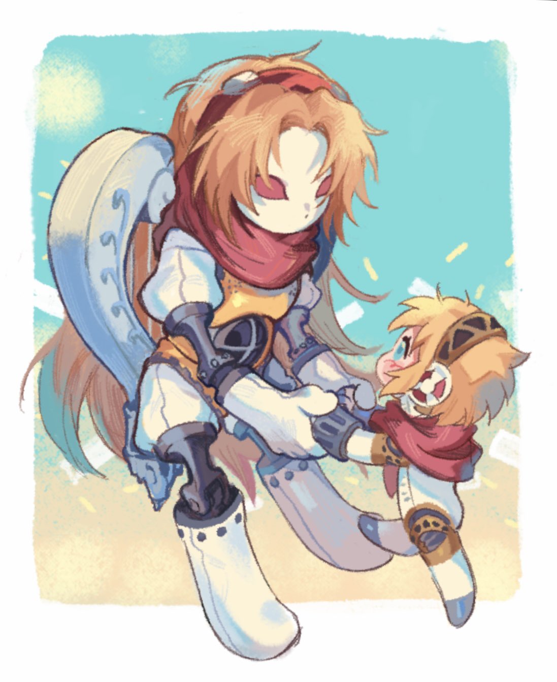 aigis (persona), persona, persona 3, persona 3 portable, commentary request, highres, korean commentary, 2girls, android, blonde hair, blue eyes, blush, border, brown hair, day, full body, holding hands, joints, long hair, looking at another, multiple girls, orpheus (female) (persona), outside border, persona (summon), red eyes, robot joints, short hair, sun, white border, xikq0py