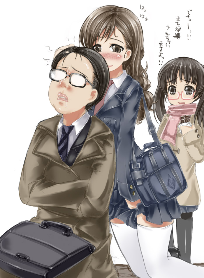 abubu, mock, original, black legwear, white legwear, 1boy, 2girls, age difference, female masturbation, female pervert, masturbation, multiple girls, otaku, pantyhose, pervert, school uniform, serafuku, simple background, thighhighs, ugly bastard, white background