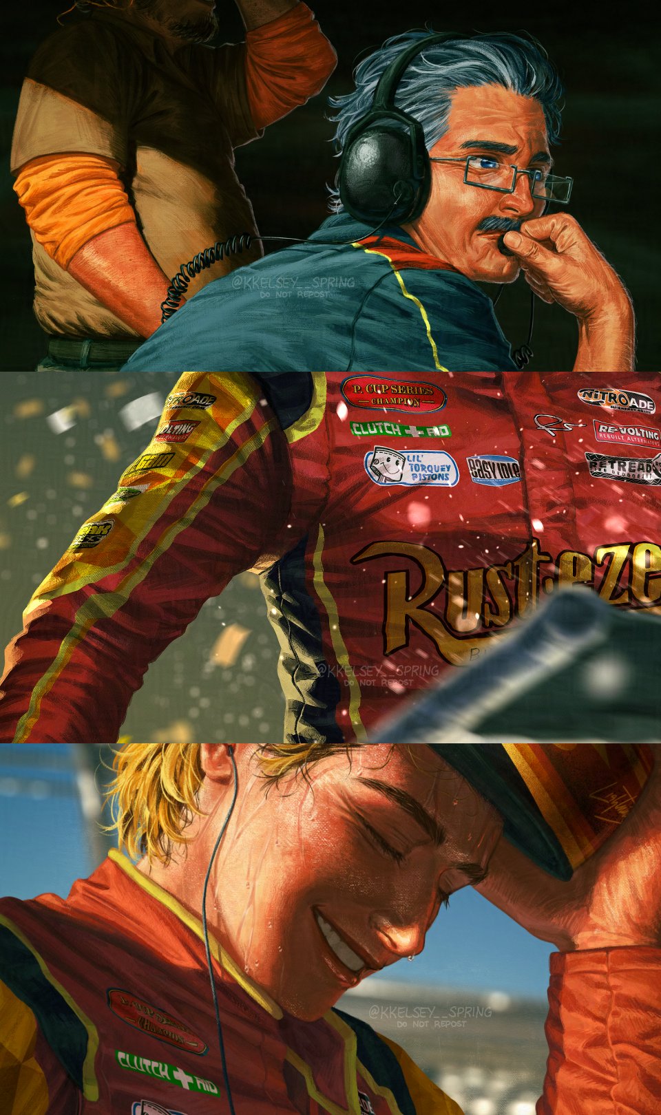 kkelsey spring, lightning mcqueen, cars (movie), highres, 3boys, blonde hair, glasses, grey hair, multiple boys, racing, racing suit, solo focus