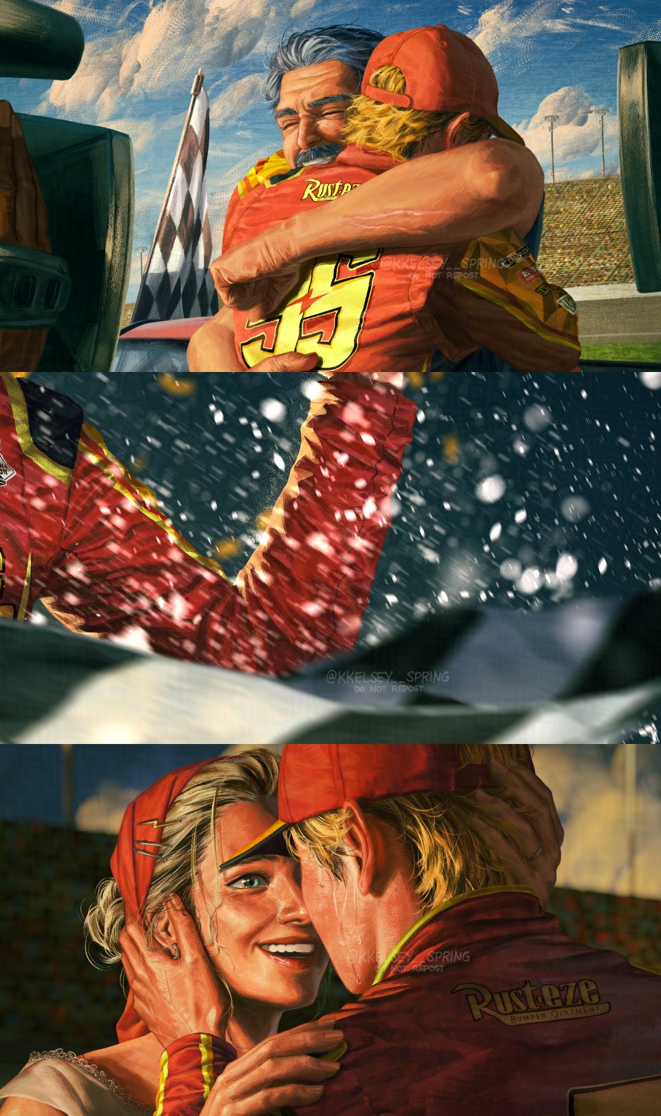 kkelsey spring, lightning mcqueen, cars (movie), highres, 1girl, 2boys, blonde hair, confetti, hug, multiple boys, solo focus
