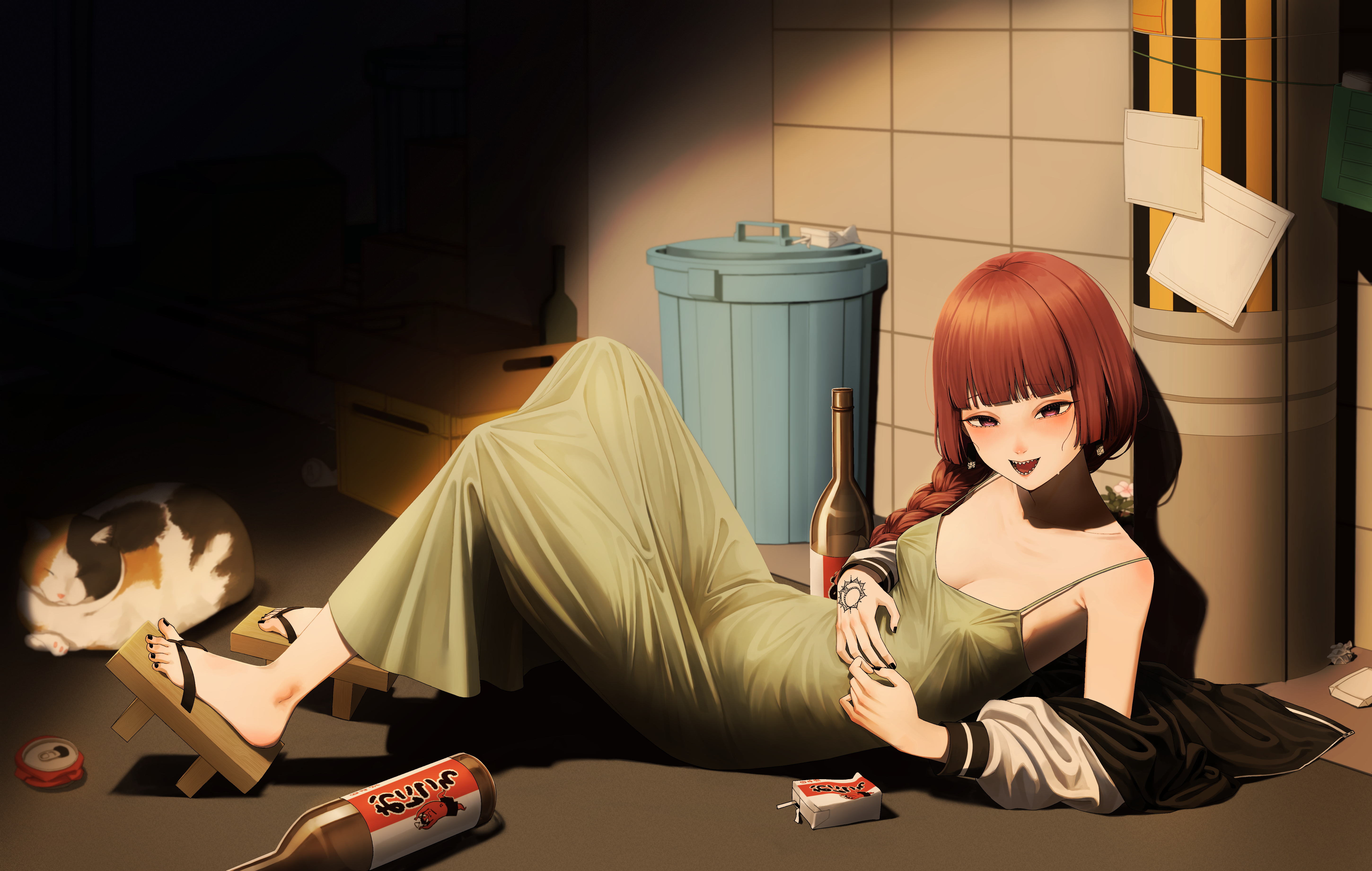 monkey jang, hiroi kikuri, bocchi the rock!, absurdres, commentary request, highres, 1girl, :d, alcohol carton, black nails, bottle, braid, breasts, brown hair, carton, cat, cleavage, collarbone, crushed can, dress, geta, green dress, half-closed eyes, hand on own stomach, hand tattoo, nail polish, night, off shoulder, open mouth, outdoors, road, sharp teeth, single braid, sleeveless, sleeveless dress, smile, solo, street, string phone, tattoo, teeth, toenail polish, toenails, toes, tongue, trash can