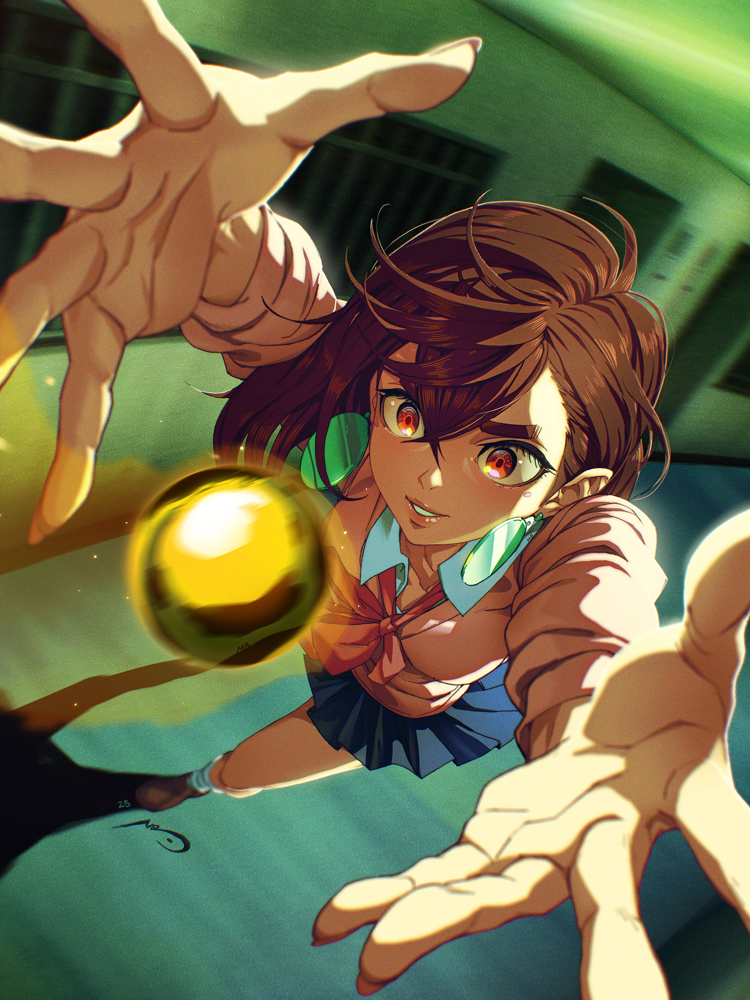 marc brunet, ayase momo, dandadan, highres, 1girl, brown hair, chasing, earrings, jewelry, motion blur, orb, parted lips, pink sweater, red eyes, running, skirt, solo, sweater