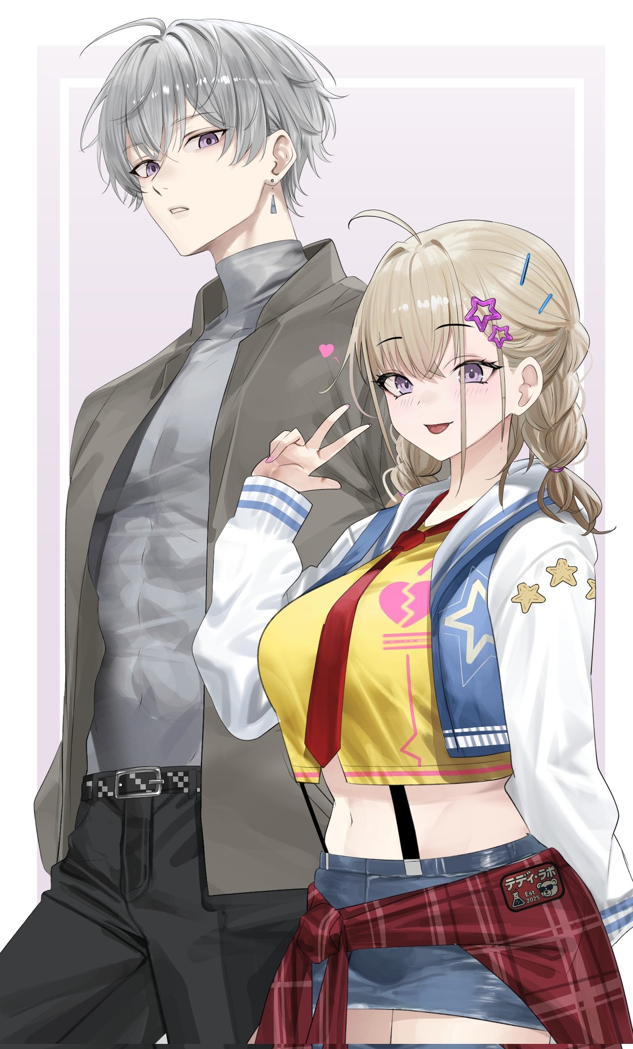 original, corrupted twitter file, highres, 1boy, 1girl, ahoge, belt, black belt, black pants, blue skirt, braid, breasts, broken heart, clothes around waist, cocorinokokoro, cropped jacket, cropped shirt, earrings, grey hair, grey jacket, grey shirt, hair ornament, heart, jacket, jewelry, midriff, navel, necktie, pants, purple eyes, red necktie, shirt, short hair, skirt, star (symbol), star hair ornament, suspenders, sweater, sweater around waist, tied sweater, tongue, turtleneck, turtleneck shirt, v, yellow shirt