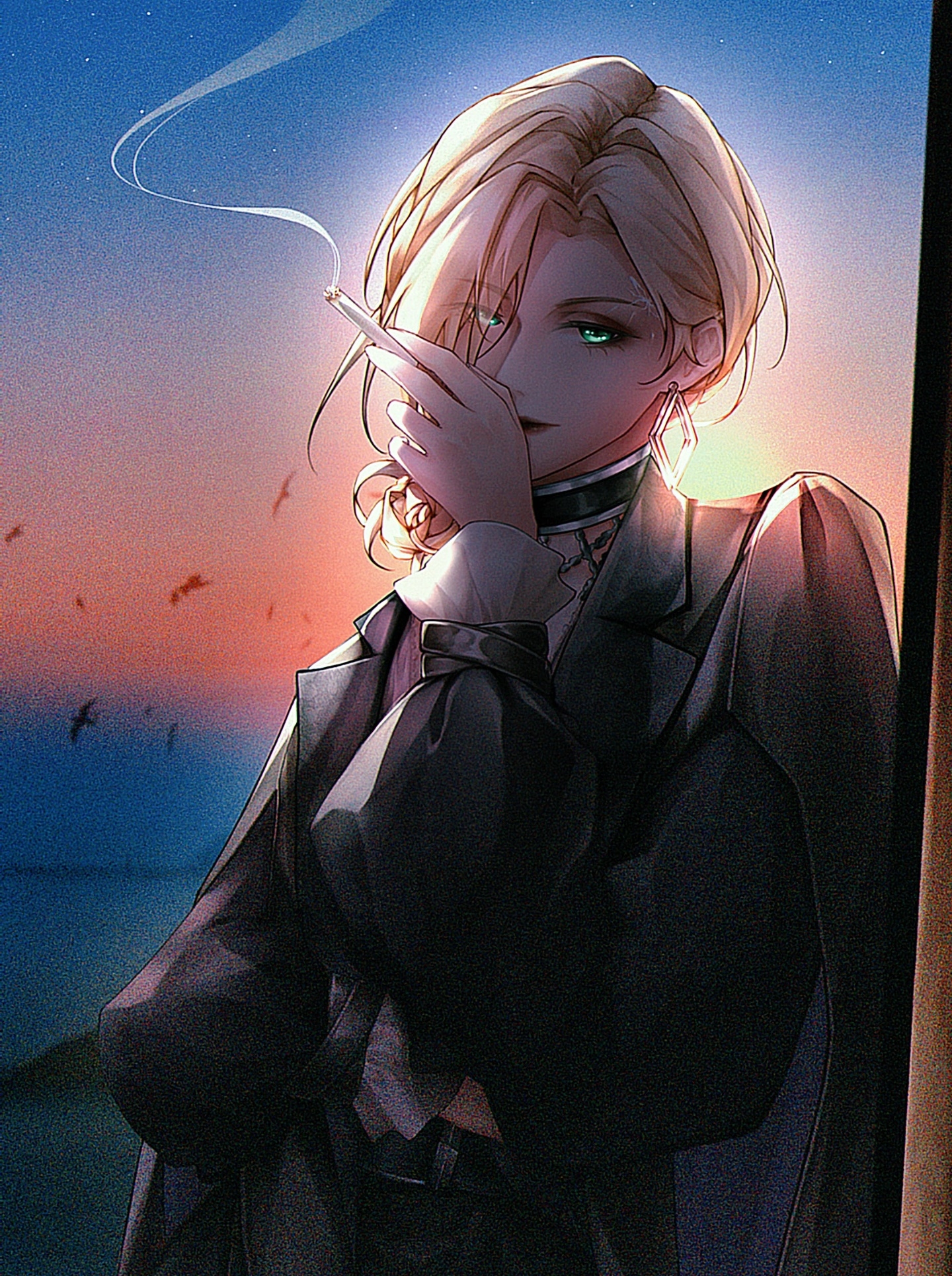 langley (path to nowhere), path to nowhere, chinese commentary, commentary request, highres, partial commentary, 1girl, asymmetrical bangs, belt, black coat, blonde hair, choker, cigarette, coat, coat on shoulders, crossed arms, curtained hair, earrings, film grain, forehead, gradient sky, green eyes, holding, holding cigarette, horizon, jewelry, looking at viewer, medium hair, midwinterletter, puffy sleeves, simple bird, sky, smoke, smoke trail, solo, spider tattoo, tattoo, twilight, upper body