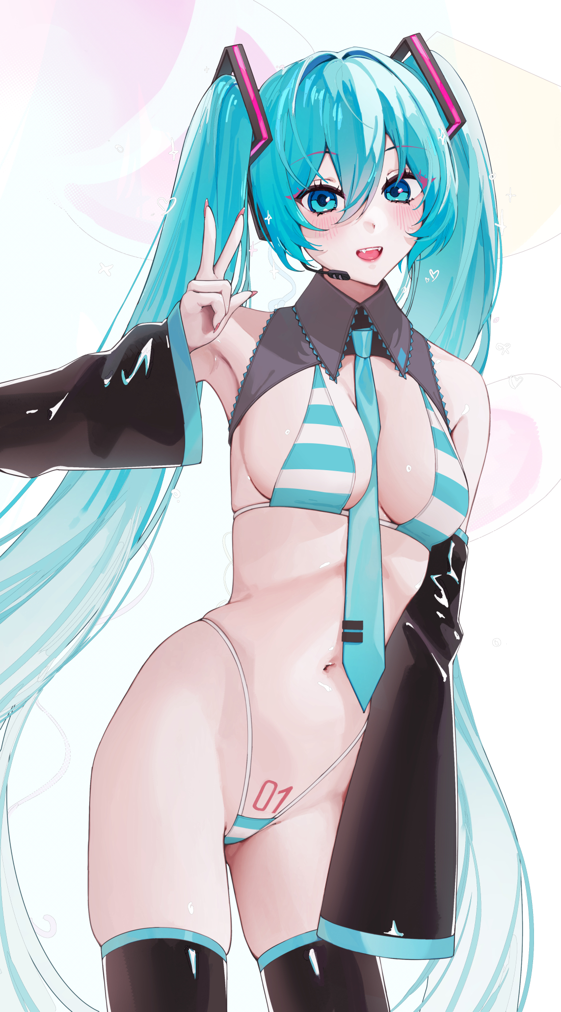 waytok, hatsune miku, vocaloid, highres, 1girl, aqua eyes, aqua hair, bikini, breasts, detached sleeves, looking at viewer, nail polish, navel, necktie, open mouth, pubic tattoo, simple background, solo, striped bikini, striped clothes, swimsuit, tattoo, thighhighs, thong bikini, twintails, v