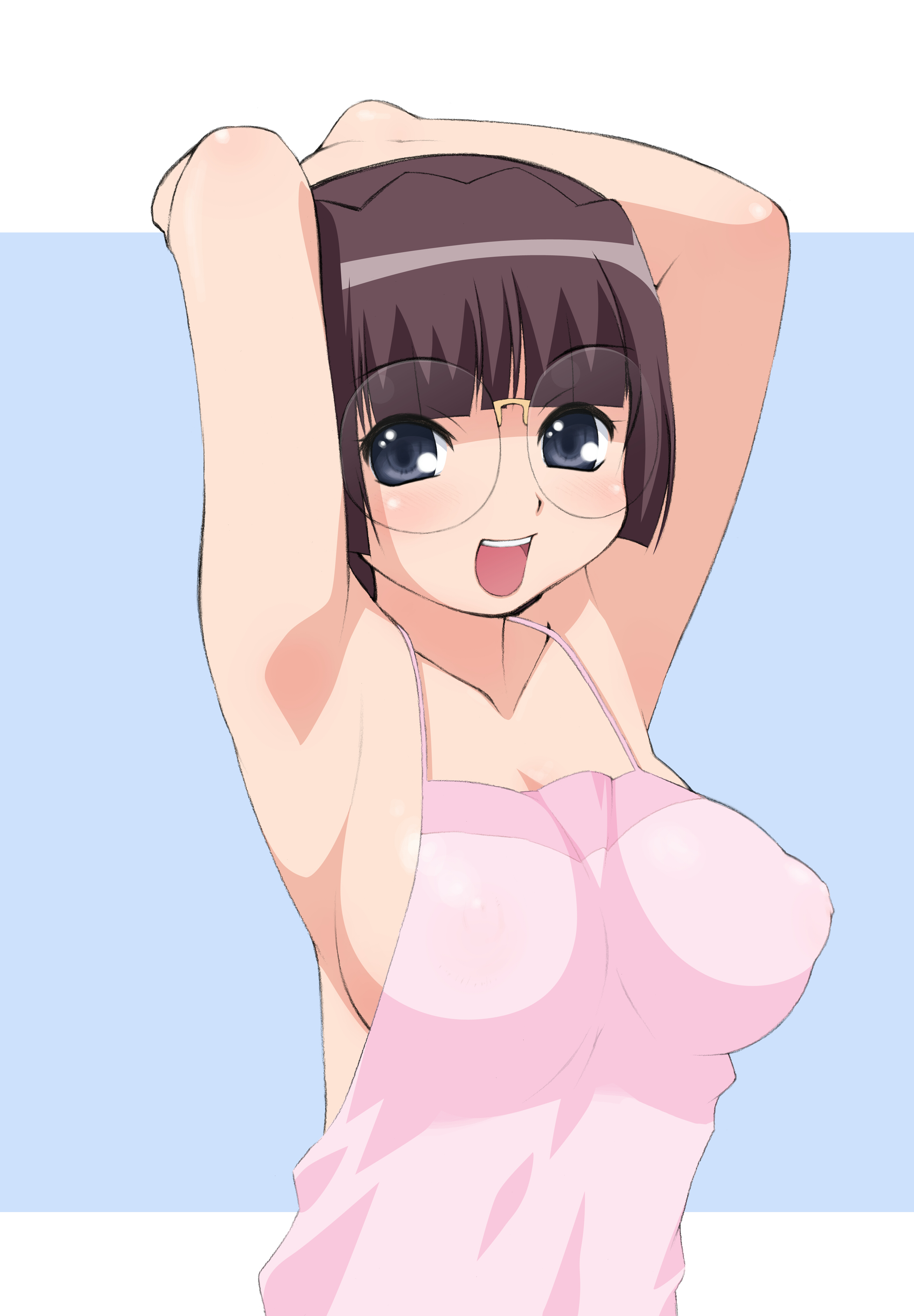 elf k, aruto (kokoro toshokan), kokoro toshokan, absurdres, highres, 00s, 1girl, armpits, arms up, breasts, female focus, glasses, large breasts, looking at viewer, nipples, open mouth, round eyewear, see-through clothes, sideboob, smile, solo, standing