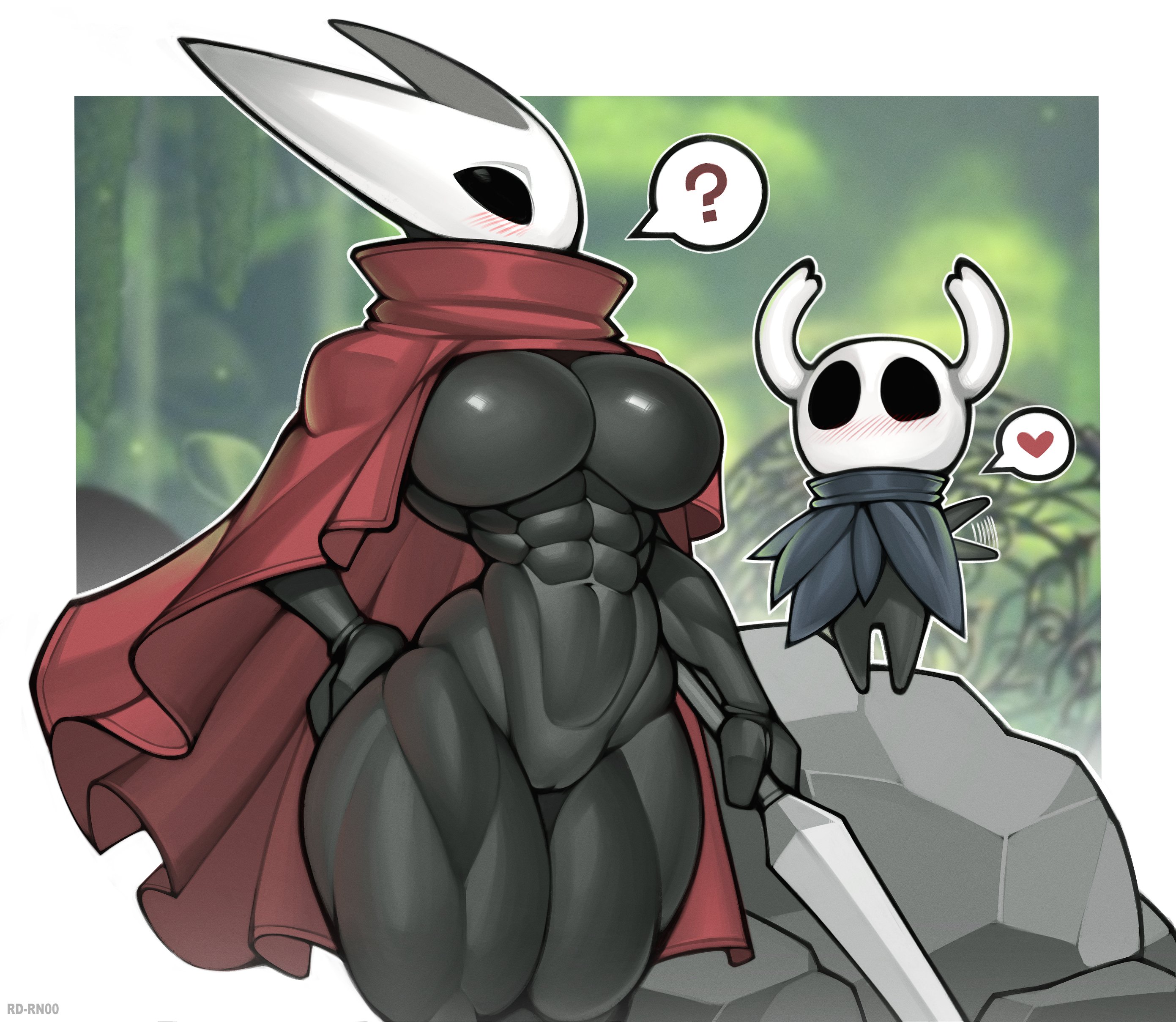 roadi3, hornet (hollow knight), knight (hollow knight), hollow knight, hollow knight: silksong, absurdres, highres, 1girl, 1other, ?, abs, alternate muscle size, arthropod girl, artist name, black bodysuit, bodysuit, border, breasts, cloak, fake horns, game screenshot background, hand on own hip, heart, horned headwear, horns, large breasts, mask, muscular, muscular female, needle (hollow knight), needle sword, pussy, rock, screenshot background, shiny clothes, size difference, skin tight, thick thighs, thighs, waving arm, white border