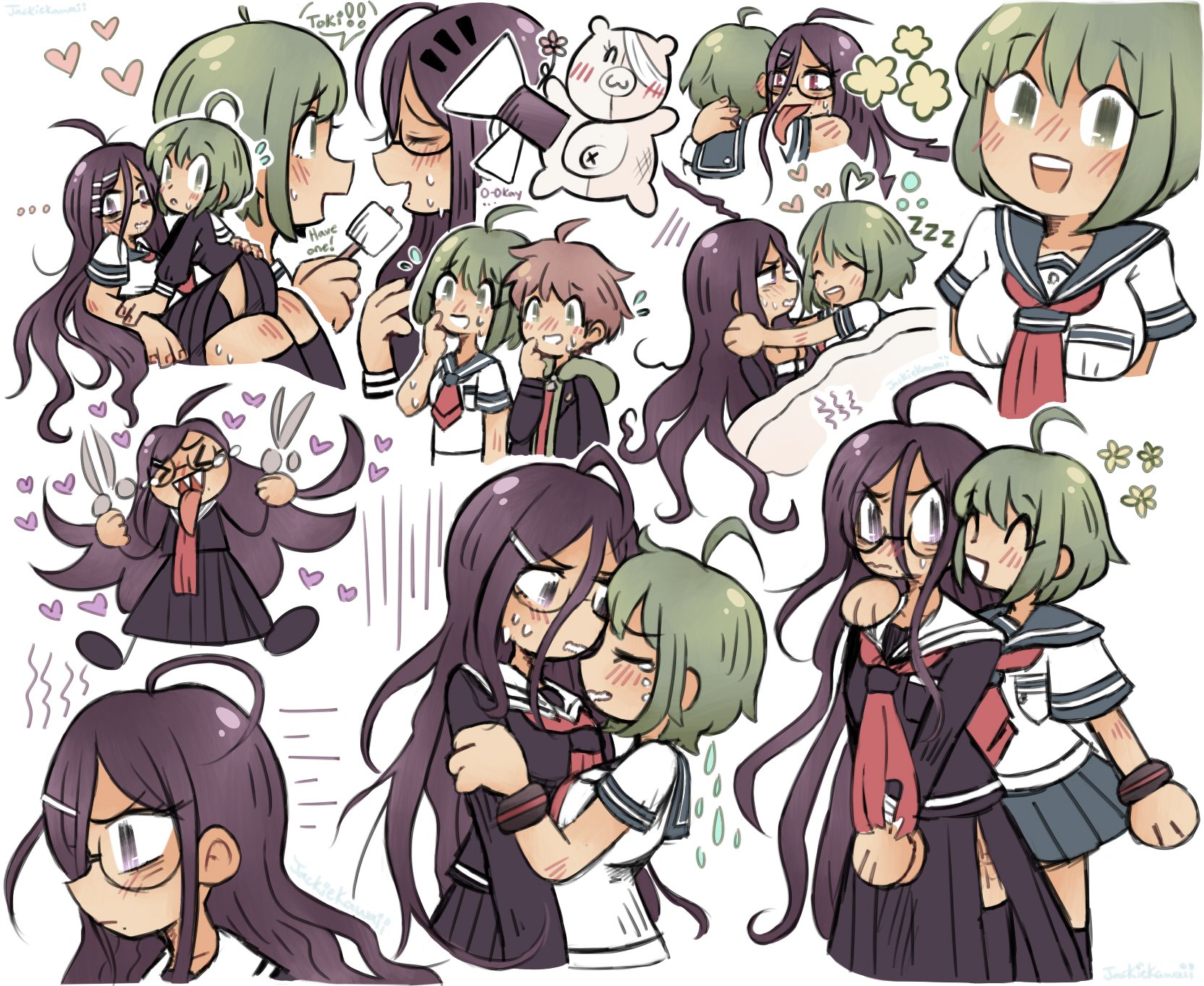 fukawa toko, genocider shou, naegi komaru, naegi makoto, shirokuma (danganronpa), danganronpa: trigger happy havoc, danganronpa (series), danganronpa another episode: ultra despair girls, highres, > <, 1boy, 2girls, :3, ahoge, bandage over one eye, black jacket, blue sailor collar, breast pocket, breasts, brown hair, caught, closed eyes, closed mouth, cosplay, costume switch, crying, drooling, english text, eyelashes, feeding, fingernails, flying sweatdrops, food, glasses, green eyes, green hair, green hoodie, hair ornament, hairclip, hand on another's arm, hand on another's shoulder, heart, heart ahoge, holding, holding scissors, holding weapon, hood, hood down, hoodie, hug, jacket, jackie kawaii, long hair, long skirt, long sleeves, long tongue, marshmallow, megaphone, mole, mole under mouth, mouth drool, multiple girls, neckerchief, necktie, open clothes, open jacket, open mouth, outline, pocket, purple hair, purple serafuku, purple shirt, purple skirt, red eyes, red neckerchief, red necktie, sailor collar, school uniform, scissors, serafuku, shirt, short hair, short sleeves, simple background, skirt, skirt set, sleeping, smile, speech bubble, sweat, tears, teeth, tongue, tongue out, torn clothes, torn neckerchief, torn skirt, under covers, upper teeth only, weapon, white background, white outline, white shirt, yuri, zzz
