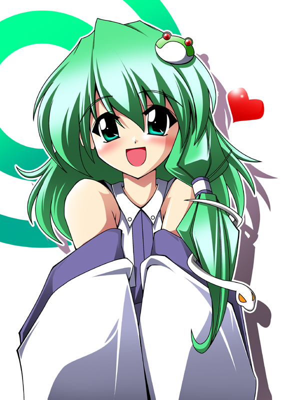 kochiya sanae, touhou, 1girl, bare shoulders, blush, detached sleeves, female focus, frog hair ornament, green eyes, green hair, hair ornament, heart, japanese clothes, looking at viewer, matching hair/eyes, miko, smile, snake hair ornament, solo