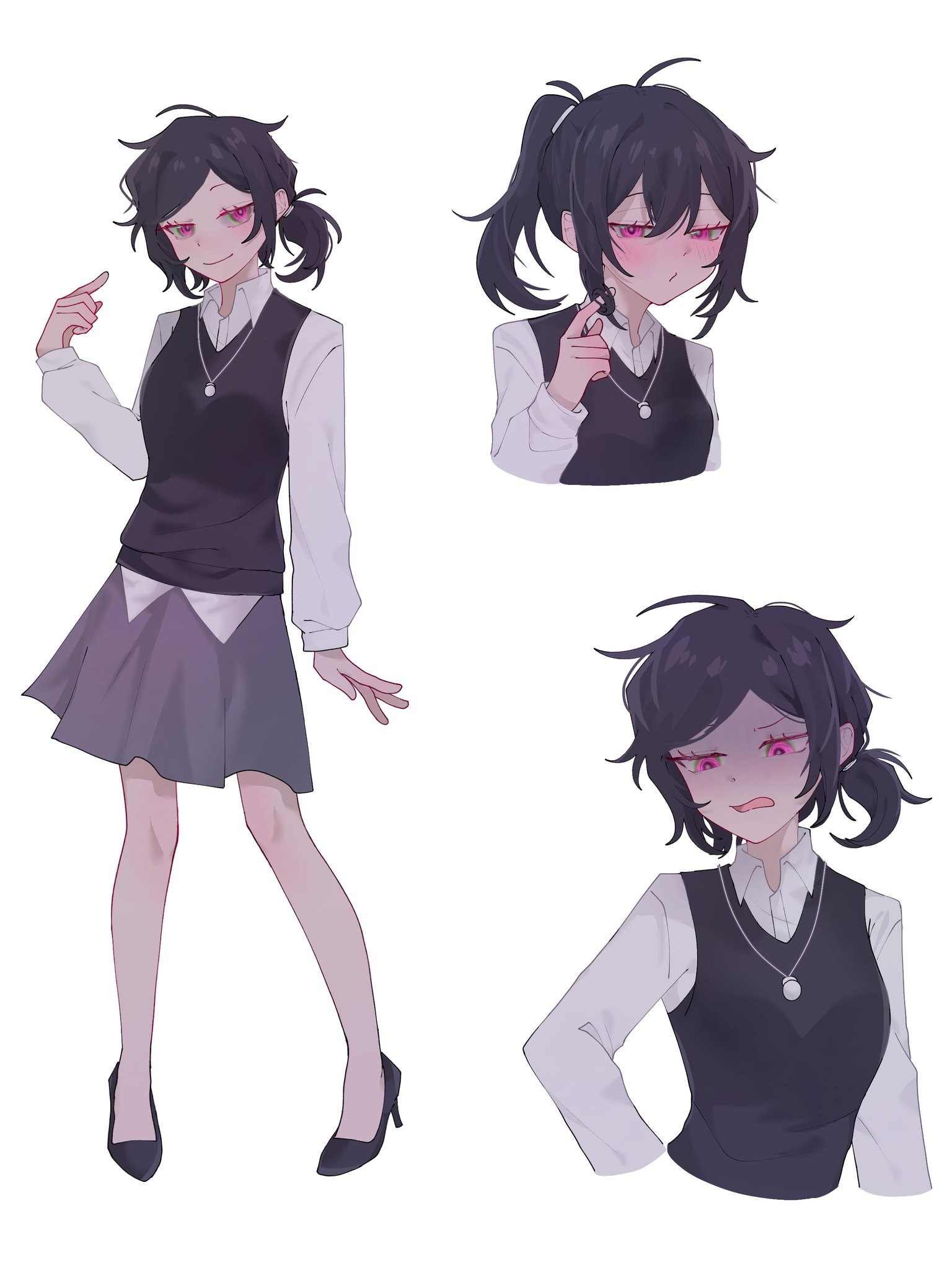 tantantan21, ashley graves, renee graves, the coffin of andy and leyley, commentary, english commentary, highres, 1girl, ahoge, alternate hairstyle, annoyed, arm at side, bare legs, black hair, black shoes, black sweater vest, breasts, bright pupils, closed mouth, collared shirt, cosplay, cropped torso, double-parted bangs, full body, grey skirt, hair between eyes, hair tie, hand in own hair, hand up, high heels, high ponytail, jewelry, legs apart, long sleeves, looking at viewer, low ponytail, medium hair, medium skirt, multiple views, necklace, open mouth, pink eyes, pleated skirt, pointing, pointing at self, ponytail, puffy long sleeves, puffy sleeves, renee graves (cosplay), shaded face, shirt, shoes, simple background, skirt, small breasts, smile, standing, sweater vest, tongue, white background, white shirt