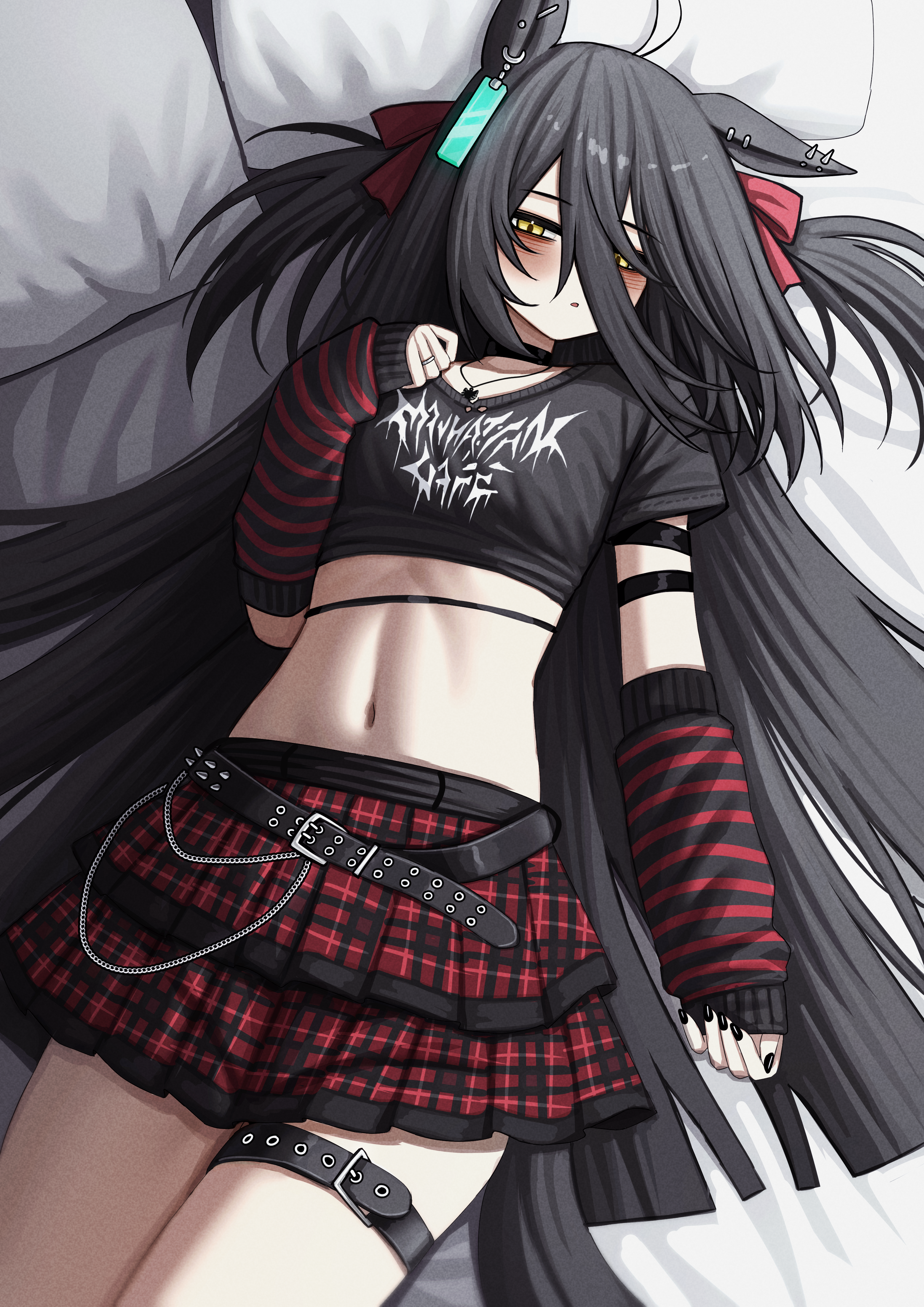 lobsteranian, manhattan cafe (umamusume), umamusume, absurdres, highres, 1girl, alternate costume, alternate hairstyle, animal ears, bags under eyes, black arm warmers, black choker, black hair, black shirt, blush, choker, cropped shirt, ear piercing, goth fashion, hair over one eye, hair ribbon, horse ears, horse girl, horse tail, jewelry, long hair, looking at viewer, lying, navel, necklace, on back, open mouth, piercing, plaid clothes, plaid skirt, red ribbon, red skirt, ribbon, ring, shirt, sidelocks, skirt, solo, stomach, striped arm warmers, t-shirt, tail, thigh strap, two side up, very long hair, yellow eyes