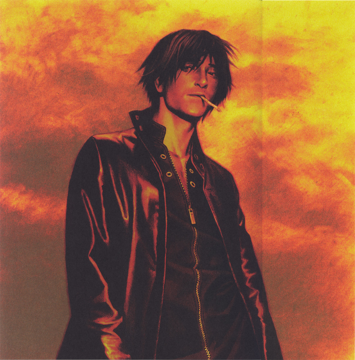 murata range, hayami tetsu, ao no roku-gou, original, highres, 1boy, black hair, cigarette, male focus, orange sky, orange theme, portrait, realistic, short hair, sky, solo