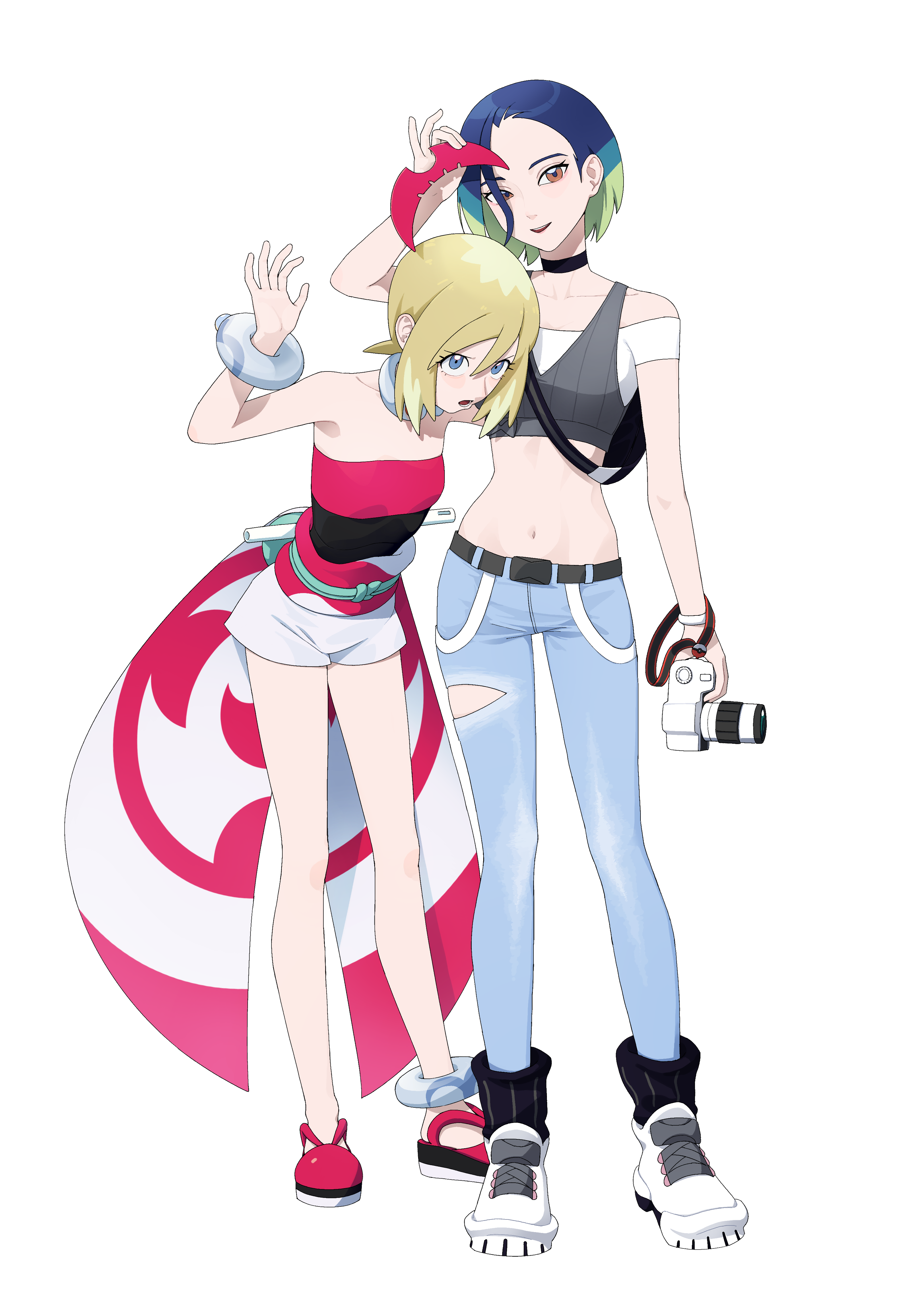 monkey jang, irida (pokemon), perrin (pokemon), nintendo, pokemon, pokemon legends: arceus, pokemon sv, absurdres, highres, 2girls, anklet, black choker, black socks, blonde hair, blue eyes, blue pants, bracelet, camera, choker, collarbone, eyelashes, flute, green bag, grey vest, hand up, holding, holding camera, holding hairband, instrument, jewelry, loose hair strand, multiple girls, navel, neck ring, open mouth, pants, red shoes, ribbed socks, shirt, shoes, shorts, simple background, socks, standing, strapless, strapless shirt, vest, white background, white shoes, white shorts