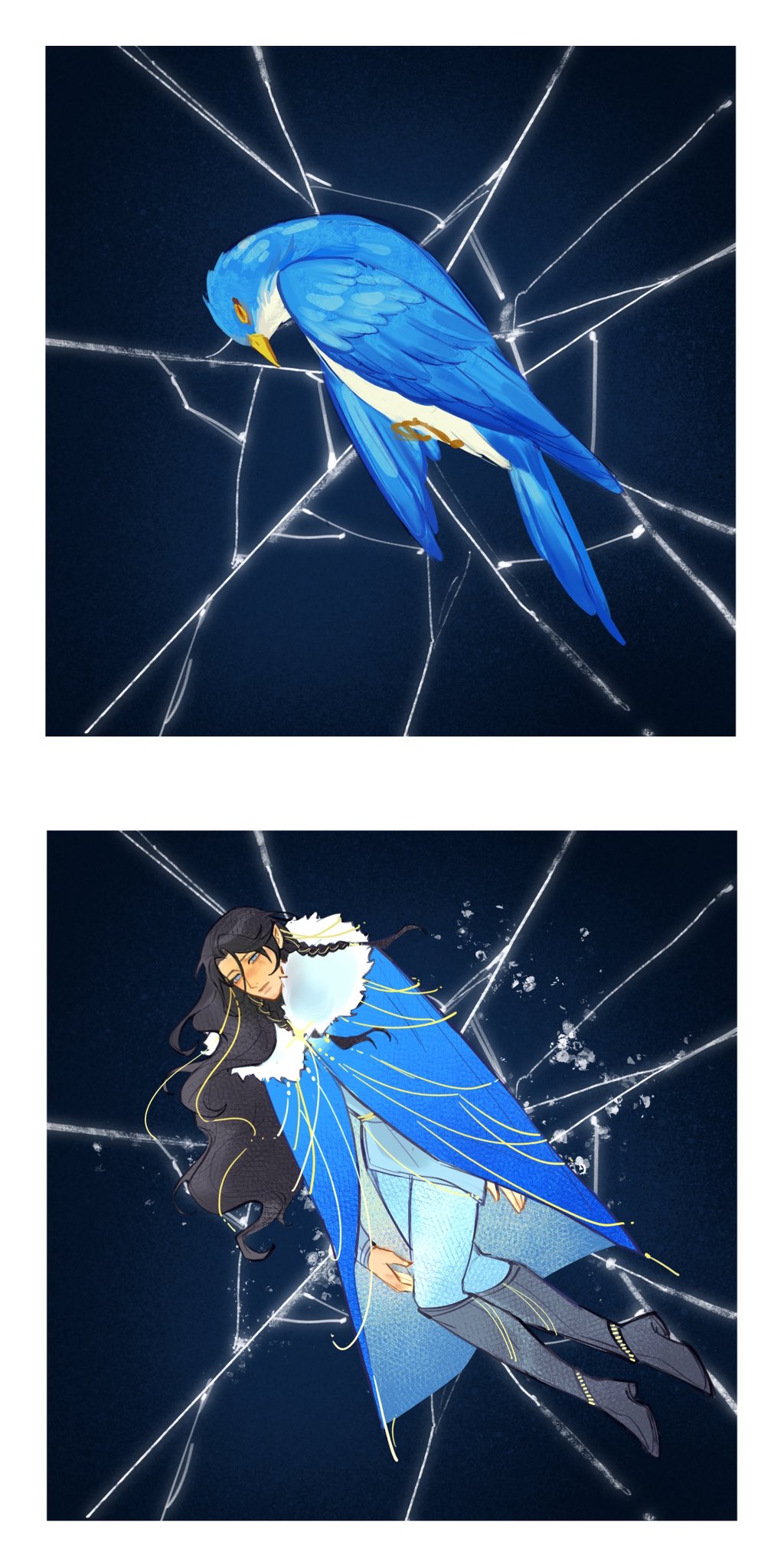 issa crimson, fingon, the silmarillion, tolkien's legendarium, 1boy, animal, beak, bird, black hair, blue bird, blue eyes, boots, braid, cloak, elf, full body, fur trim, long hair, looking at viewer, male focus, panels, parted bangs, pointy ears, solo, wings