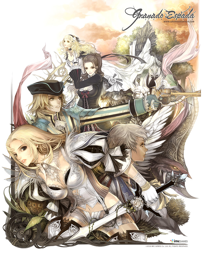 maggi, fighter (granado espada), musketeer (granado espada), scout (granado espada), warlock (granado espada), wizard (granado espada), granado espada, silver hair, official art, 1boy, 4girls, blonde hair, blue eyes, breasts, brown eyes, brown hair, cleavage, copyright name, dark skin, dress, everyone, gloves, gun, knight, long hair, multiple girls, navel, short hair, short shorts, shorts, sword, watermark, weapon, web address, wings