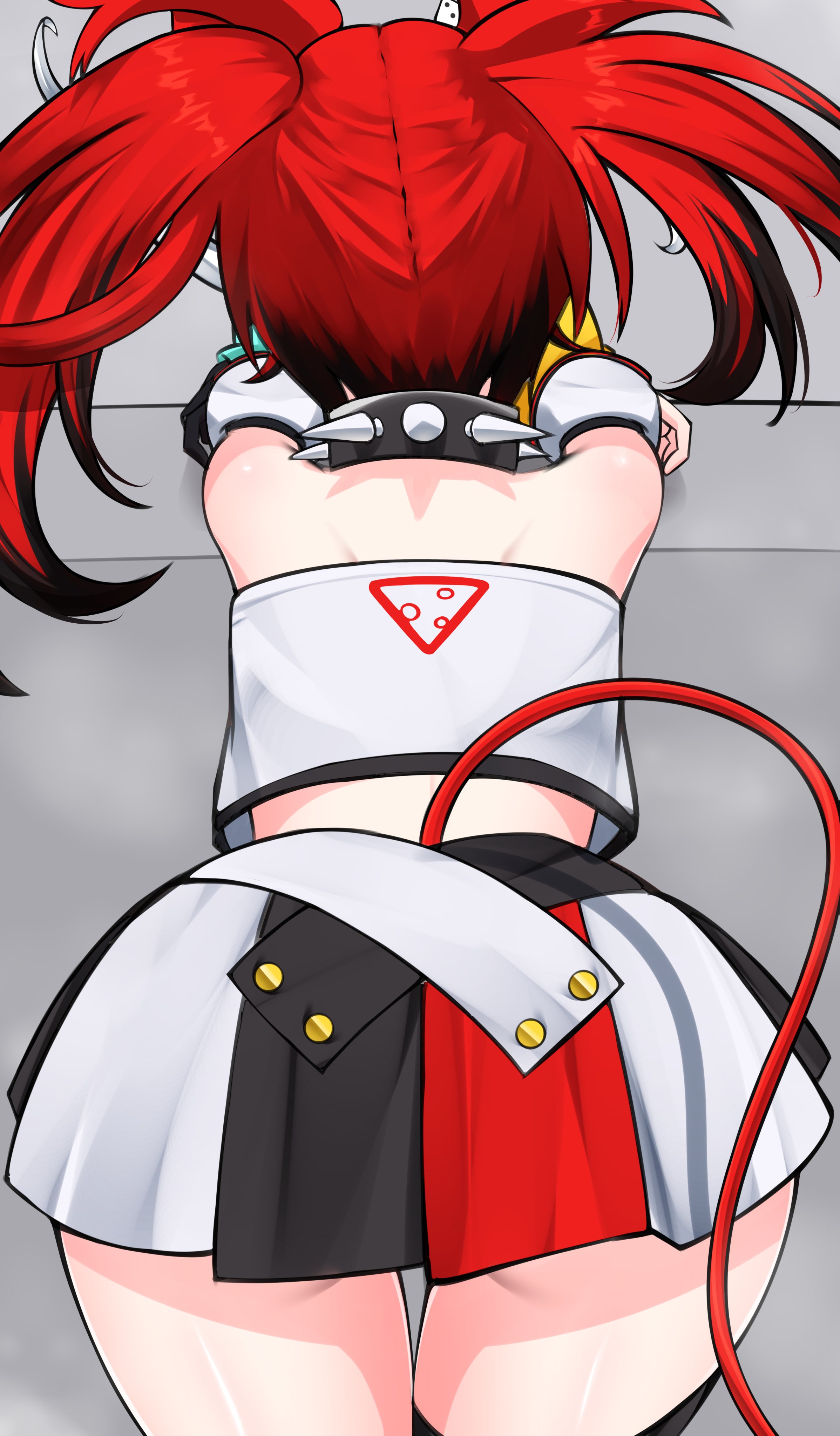 nobarts, hakos baelz, hakos baelz (1st costume), hololive, hololive english, absurdres, highres, 1girl, animal ears, ass, black skirt, collar, detached sleeves, dice hair ornament, facing away, from behind, hair ornament, mouse ears, mouse girl, mouse tail, multicolored skirt, red hair, red skirt, red streaks, skirt, solo, spiked collar, spikes, tail, twintails, virtual youtuber, white skirt, white streaks