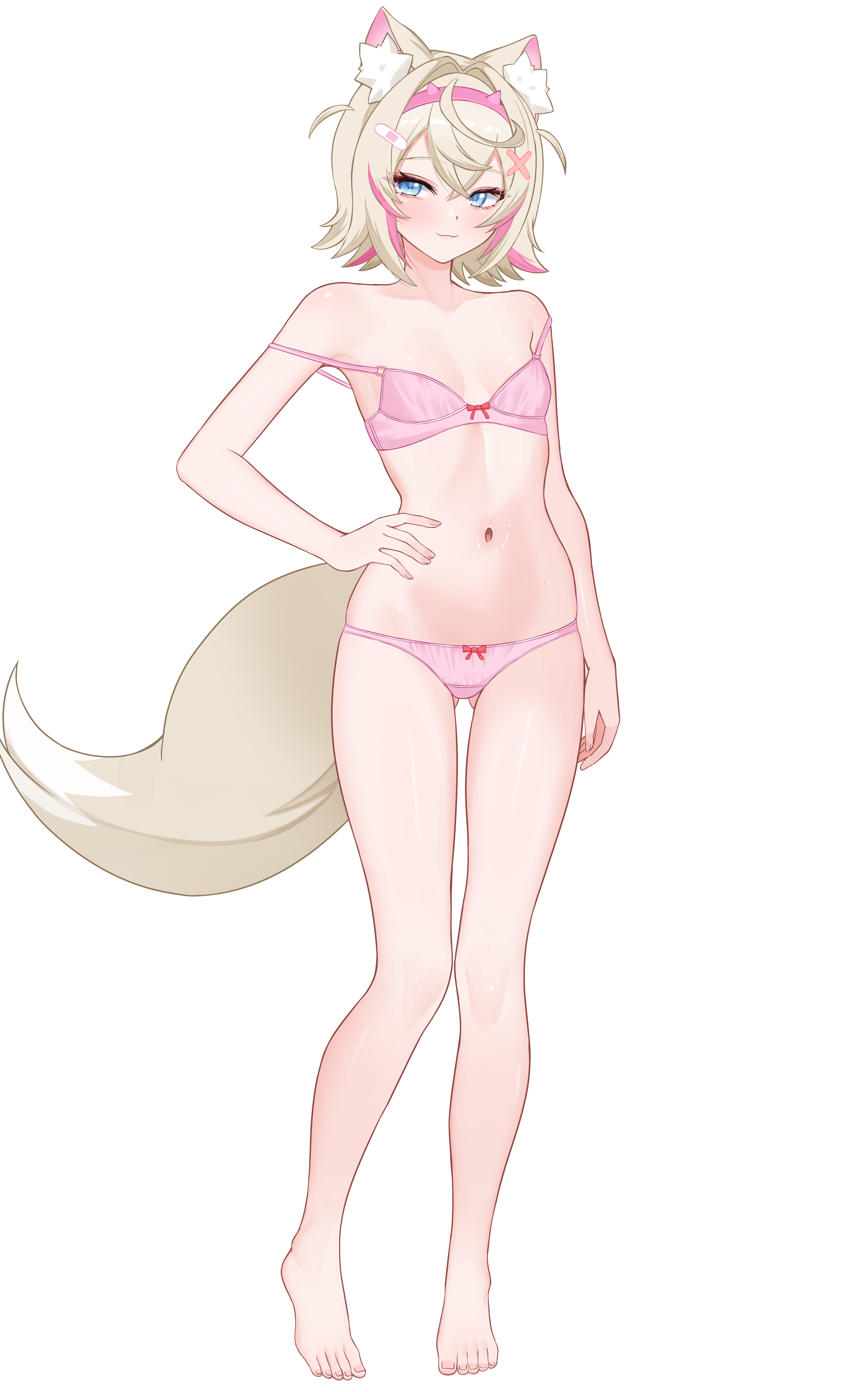 dsuzu, mococo abyssgard, hololive, hololive english, absurdres, highres, 1girl, animal ear fluff, animal ears, barefoot, blonde hair, blue eyes, blush, bra, closed mouth, crossed bangs, dog ears, dog girl, dog tail, flat chest, hair intakes, hairband, hand on own hip, long hair, multicolored hair, navel, panties, pink bra, pink hair, pink hairband, pink panties, short hair, sidelocks, smile, solo, tail, two-tone hair, underwear, underwear only, very long hair, virtual youtuber