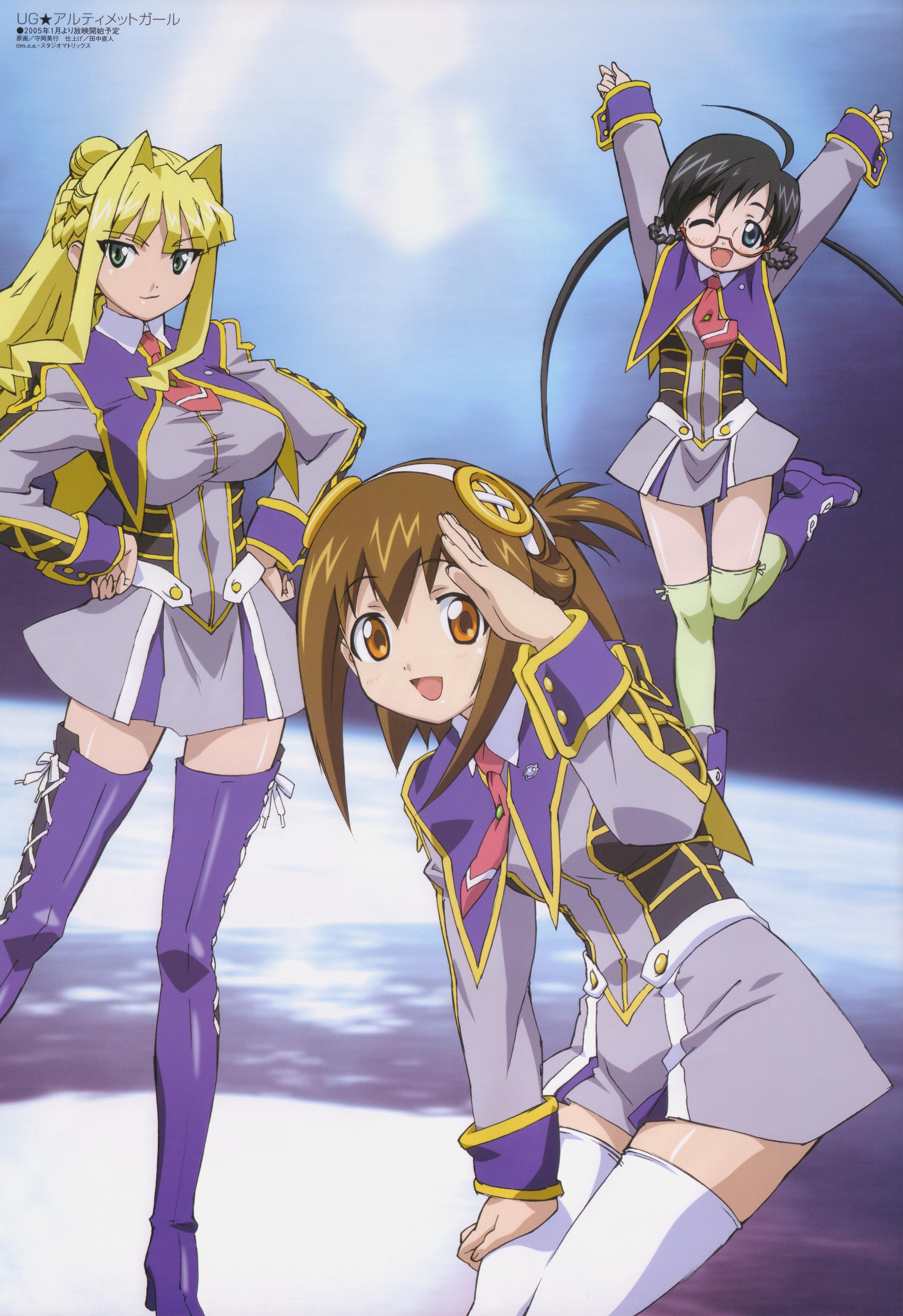 morioka hideyuki, koharuno silk, moroboshi tsubomi, ootori vivienne, megami magazine, ultimate girl, blue footwear, absurdres, highres, non-web source, official art, scan, 00s, 3girls, ;d, ahoge, arms up, black hair, blonde hair, blue eyes, blue thighhighs, blush, boots, braid, breasts, brown hair, buttons, capelet, dress, flat chest, green eyes, green thighhighs, hair bun, hairband, hands on own hips, high heels, jumping, large breasts, large buttons, leaning forward, leg up, long hair, multiple girls, necktie, one eye closed, open mouth, orange eyes, ponytail, salute, school uniform, serafuku, shoes, short dress, short hair, short twintails, single hair bun, smile, standing, thigh boots, thigh gap, thighhighs, twin braids, twintails, very long hair, white thighhighs, wink, wrist cuffs, zettai ryouiki