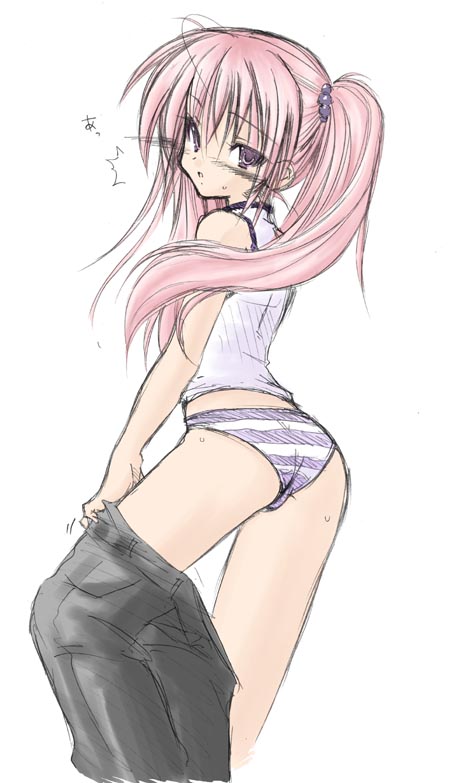 mizushiro celica, beatmania iidx, beatmania iidx 3rd style, bemani, 1girl, blush, clothes pull, female focus, panties, pants, pants pull, panty pull, pink hair, pulling own clothes, purple eyes, short twintails, solo, standing, striped clothes, striped panties, twintails, underwear, undressing