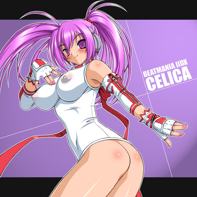 onomeshin, mizushiro celica, beatmania iidx, beatmania iidx 6th style, bemani, 1girl, ass, bottomless, breasts, covered erect nipples, female focus, gloves, headphones, large breasts, solo, twintails