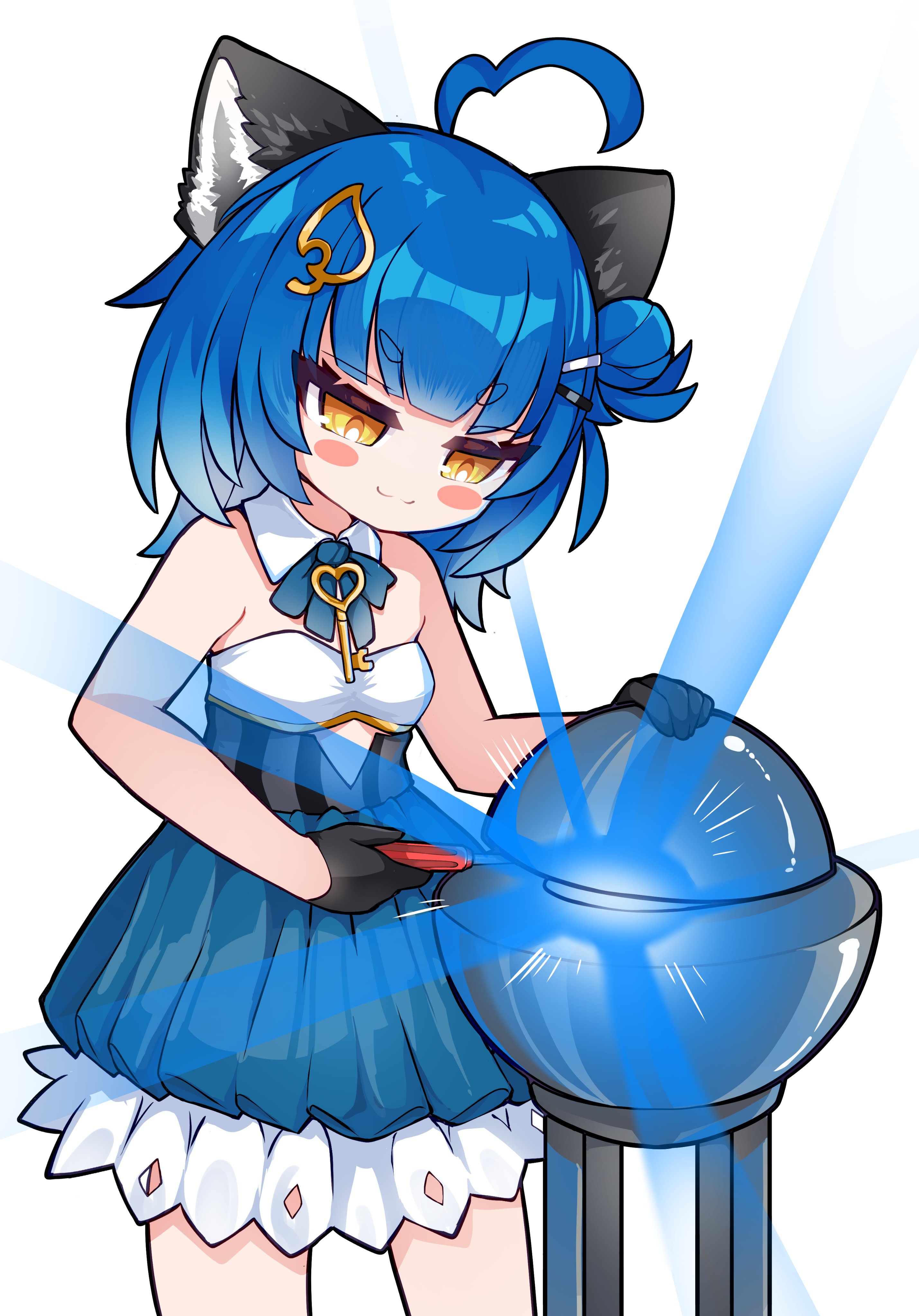 xtacy, poko rakun, poko rakun (1st costume), chromashift, absurdres, commentary, commission, english commentary, highres, 1girl, ahoge, animal ears, bare shoulders, black gloves, blue bow, blue bowtie, blue dress, blue hair, blush stickers, bow, bowtie, breasts, closed mouth, demon core, detached collar, dress, gloves, hair bun, hair ornament, hairclip, holding, holding screwdriver, jewelry, key, key necklace, leaf hair ornament, medium hair, necklace, raccoon ears, raccoon girl, radiation, screwdriver, short dress, short eyebrows, simple background, single hair bun, small breasts, smile, solo, standing, strapless, tube top, virtual youtuber, white background, white tube top, yellow eyes