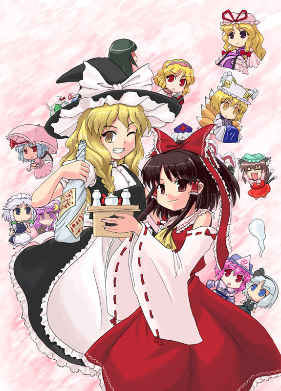 sasuke (sasuke no sato), alice margatroid, chen, fujiwara no mokou, hakurei reimu, izayoi sakuya, kamishirasawa keine, kirisame marisa, konpaku youmu, konpaku youmu (ghost), patchouli knowledge, remilia scarlet, saigyouji yuyuko, yagokoro eirin, yakumo ran, yakumo yukari, touhou, 6+girls, blonde hair, everyone, female focus, hat, multiple girls, witch hat