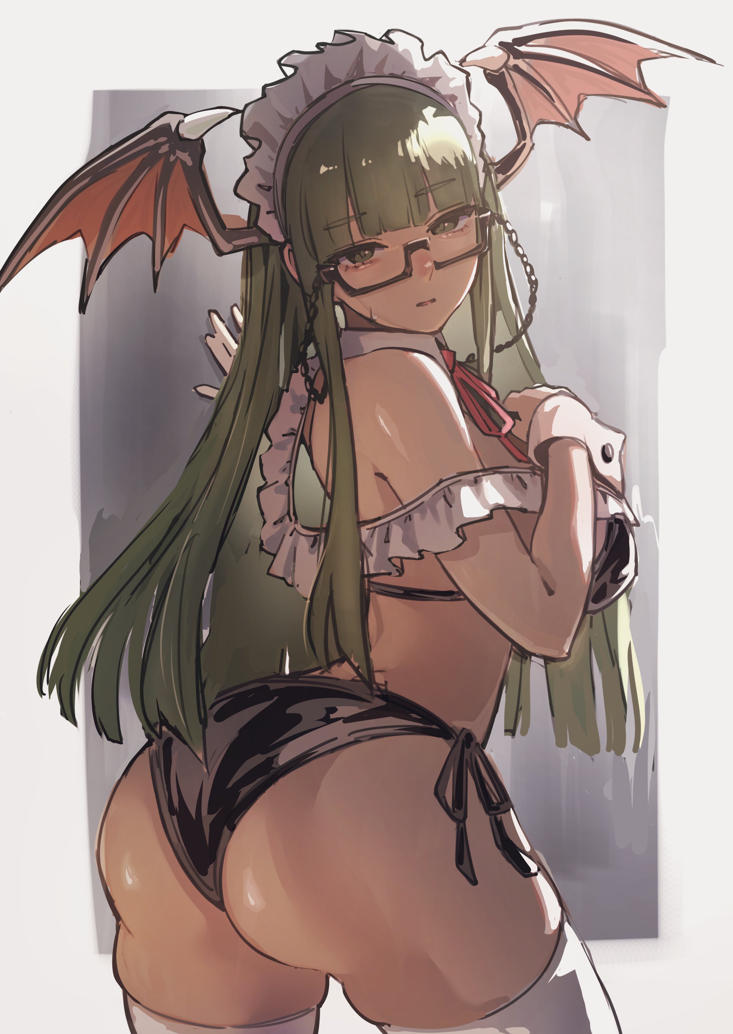 ap cammy, morrigan aensland, darkstalkers, absurdres, commentary, highres, revision, 1girl, alternate costume, ass, bikini, black bikini, demon girl, demon wings, glasses, green eyes, green hair, head wings, long hair, looking at viewer, looking back, maid, maid headdress, red ribbon, ribbon, semi-rimless eyewear, solo, swimsuit, thighhighs, white thighhighs, wings, wrist cuffs