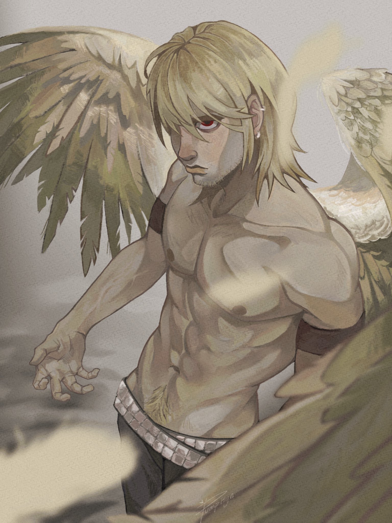 boyfriend to death, highres, 1boy, abs, armband, bags under eyes, blonde hair, brown eyes, claw pose, falling feathers, feathered wings, feathers, lawrence oleander, looking at viewer, male focus, mullet, painterly, pectorals, pubic hair, pumpk1n 251, serious, sidelocks, single wing, solo, toned, toned male, torn wings, veins, white wings, wings, yellow theme