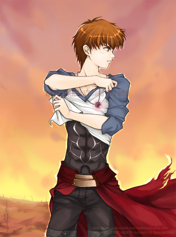 tomuyu, archer (fate), emiya shirou, fate/stay night, fate (series), spoilers, 1boy, cosplay, male focus, raglan sleeves, solo, transformation, watermark