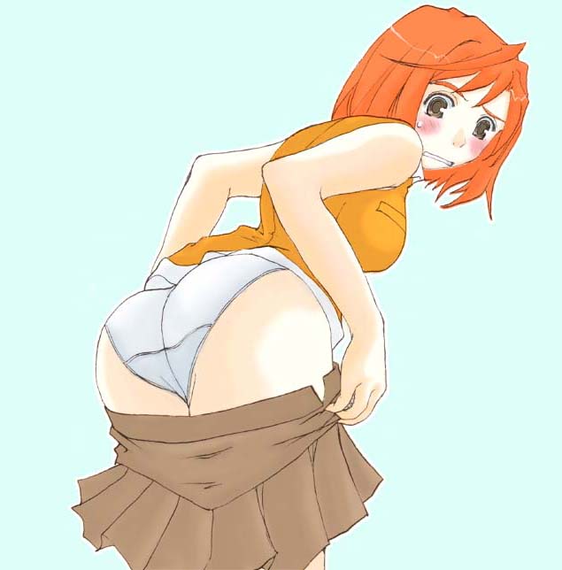 tokiha mai, my-hime, jpeg artifacts, 00s, 1girl, ass, blush, breasts, female focus, orange shirt, panties, school uniform, serafuku, shirt, skirt, solo, underwear, undressing