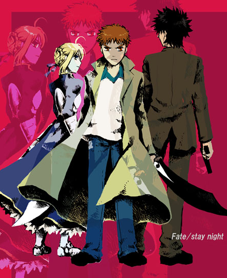 artoria pendragon (fate), emiya kiritsugu, emiya shirou, saber (fate), fate/stay night, fate (series), 00s, 1girl, 2boys, ahoge, armor, armored boots, armored dress, blonde hair, blue dress, boots, buttons, denim, dress, father and son, formal clothes, full body, green eyes, jeans, long sleeves, multiple boys, pants, raglan sleeves, red background, shirt, short hair, simple background, spiked hair, standing, suit, t-shirt, thigh boots, thighhighs