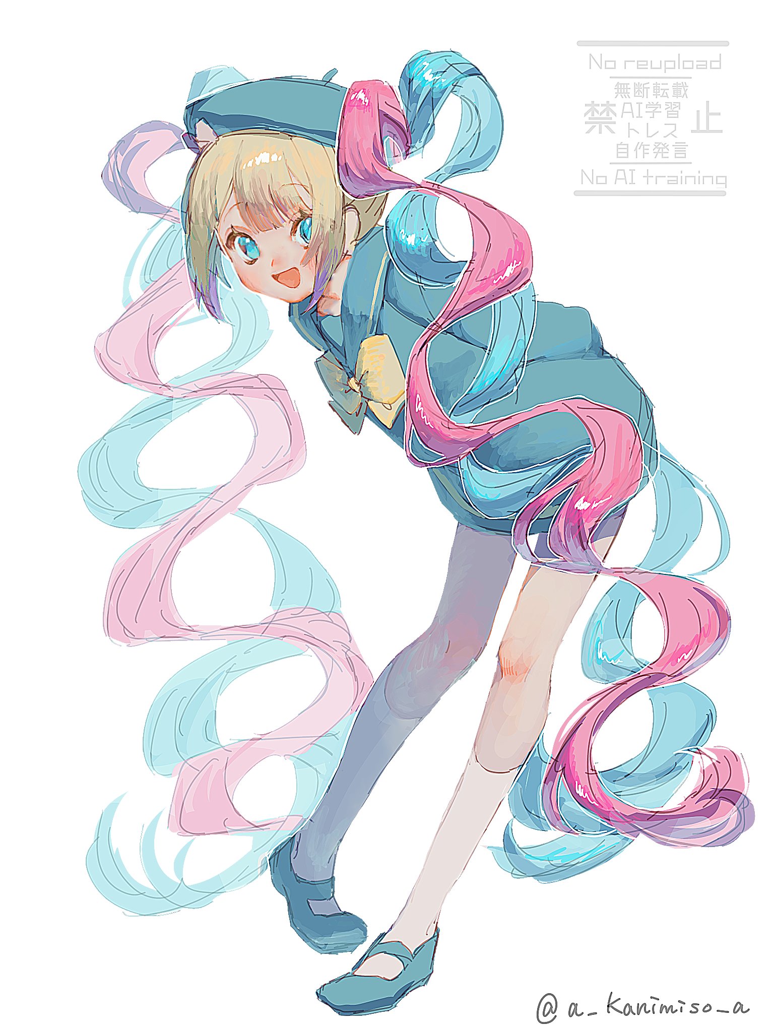 a kanimiso a, chouzetsusaikawa tenshi-chan, needy girl overdose, highres, 1girl, :d, arms behind back, beret, blonde hair, blue eyes, blue hair, blue hat, blue hoodie, blue sailor collar, blue sandals, blunt bangs, chest bow, colored tips, cubism (needy girl overdose), full body, hat, hood, hoodie, leaning forward, looking at viewer, multicolored hair, official alternate costume, open mouth, oversized clothes, pigeon-toed, pink hair, quad tails, sailor collar, sandals, sidelocks, smile, solo