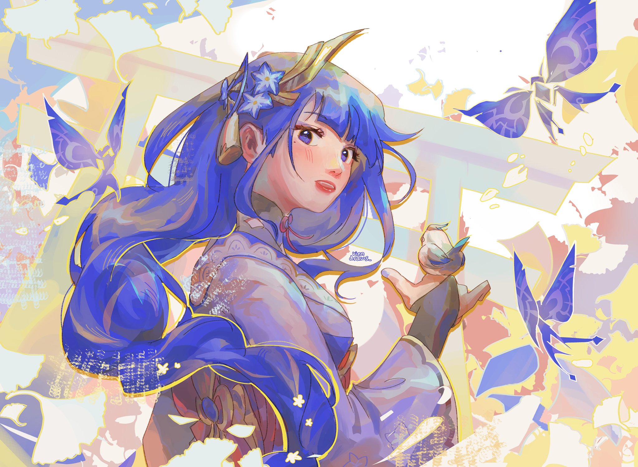 vinndraws, raiden shogun, genshin impact, highres, 1girl, back bow, bird, blunt bangs, blush, bow, braid, bridal gauntlets, bug, butterfly, flower, flower ornament, hair ornament, head tilt, insect, japanese clothes, kimono, long braid, long hair, long sleeves, looking at viewer, looking to the side, mole, mole under eye, open mouth, outdoors, purple eyes, purple flower, purple hair, purple kimono, purple nails, red sash, sash, shy, single braid, solo, standing, upper body, wide sleeves