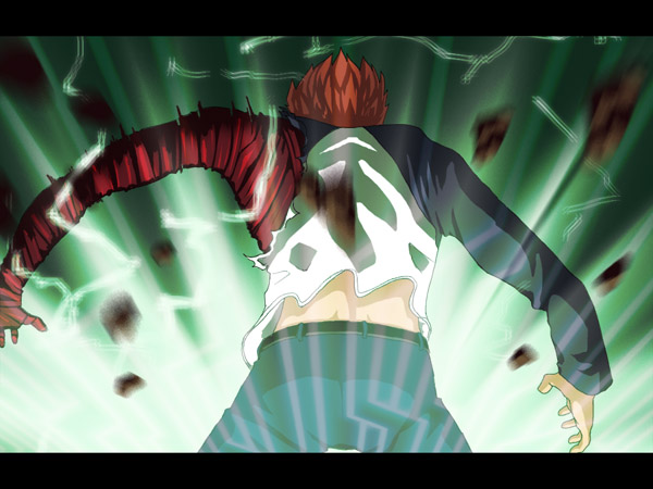 nazo kichi, emiya shirou, fate/stay night, fate (series), beam, 00s, 1boy, ass, belt, denim, from behind, jeans, legs apart, letterboxed, long sleeves, male focus, pants, raglan sleeves, red hair, shirt, solo, standing, t-shirt
