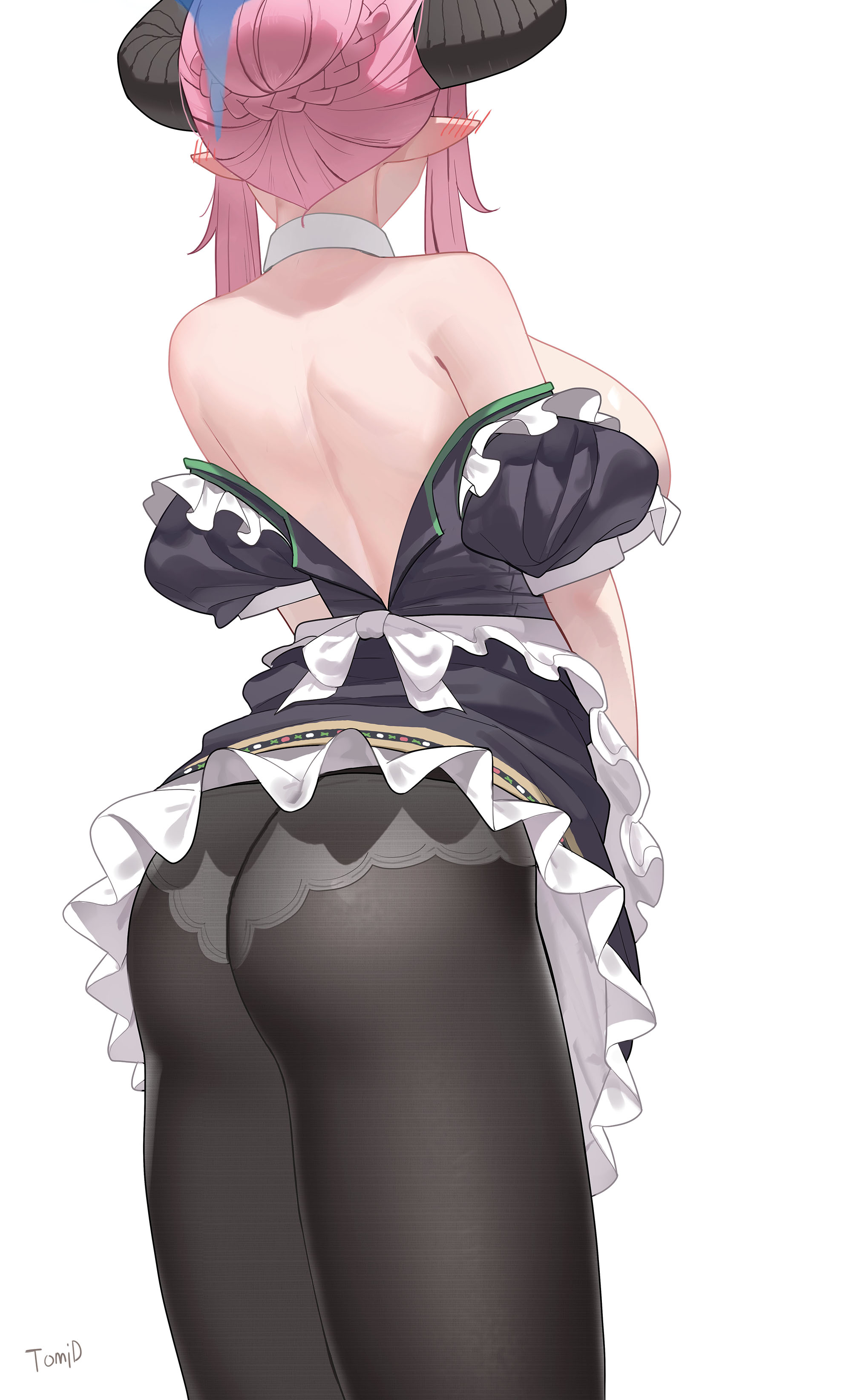 tomid, juri (blue archive), juri (part-time) (blue archive), blue archive, absurdres, commentary, highres, 1girl, apron, ass, back, bare back, blush, braid, breasts, cowboy shot, detached collar, dress, ear blush, frilled apron, frills, from behind, halo, horns, huge breasts, nape, no bra, official alternate costume, panties, panties under pantyhose, pantyhose, pink hair, pointy ears, puffy short sleeves, puffy sleeves, short sleeves, simple background, solo, strapless, strapless dress, thick thighs, thighs, underwear, white apron, white background, white panties