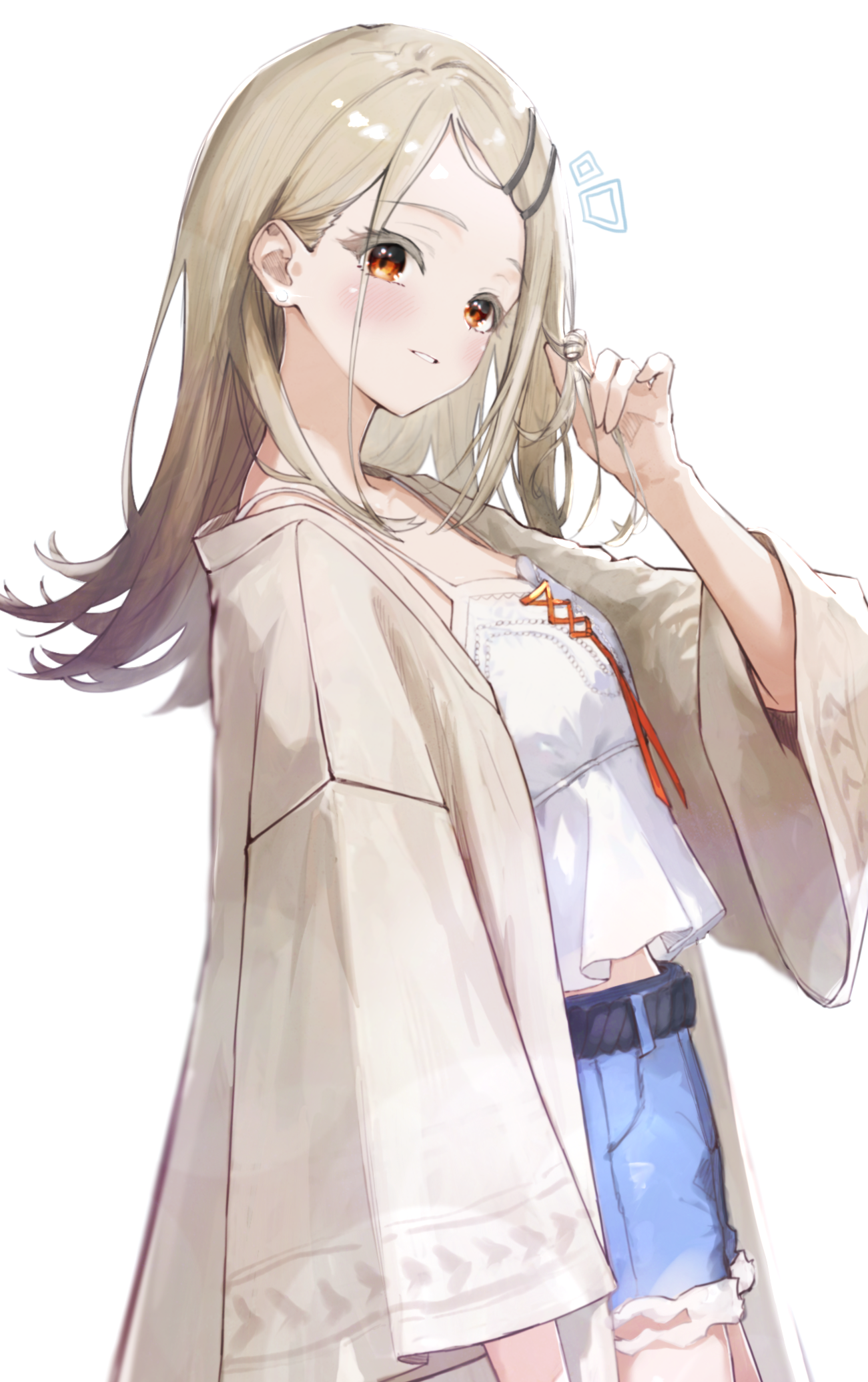 phos phos, shinosawa hiro, gakuen idolmaster, idolmaster, commentary, highres, 1girl, blonde hair, blush, camisole, colored eyelashes, denim, denim shorts, flipped hair, gradient hair, grey hair, long hair, midriff peek, multicolored hair, orange eyes, robe, rope belt, shorts, simple background, smile, solo, twirling hair, white background, white camisole, white robe