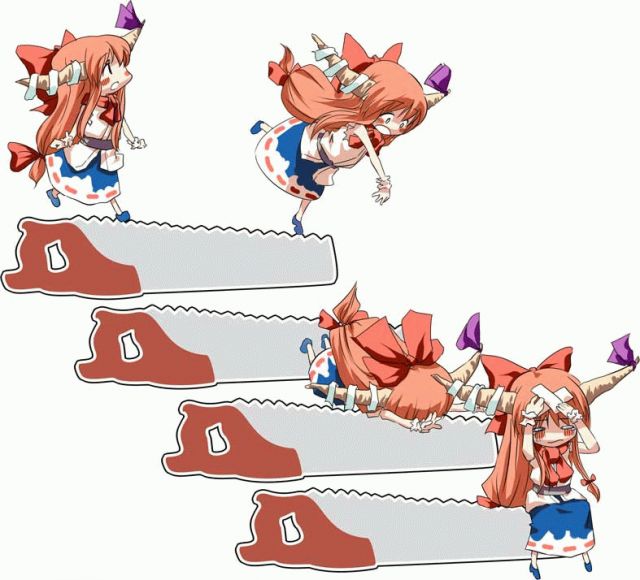 hota, ibuki suika, touhou, 1girl, bandages, bandaid, chibi, fallen down, falling, female focus, hair ribbon, hand saw, horns, long hair, low-tied long hair, mini person, minigirl, orange hair, ribbon, saw, stairs, tripping