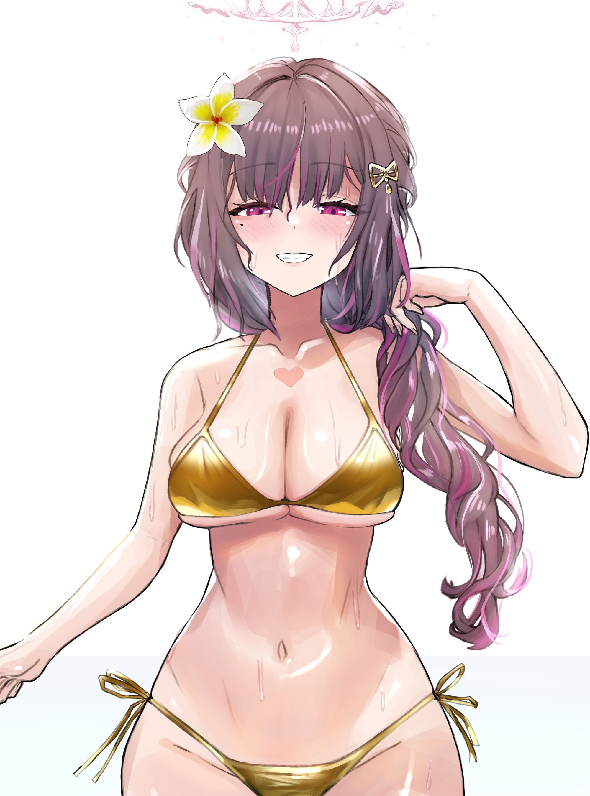 heiz illust, himemiya rie, phase connect, bikini, breasts, brown hair, gold bikini, gold bikino, large breasts, midriff, mole, mole under eye, navel, pink eyes, side-tie bikini bottom, swimsuit, virtual youtuber