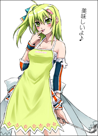 goli, goli matsumoto, kitami erika, beatmania iidx, beatmania iidx 14 gold, bemani, lowres, 1girl, apron, blush, breasts, cleavage, female focus, green eyes, green hair, lace, matching hair/eyes, solo, tongue