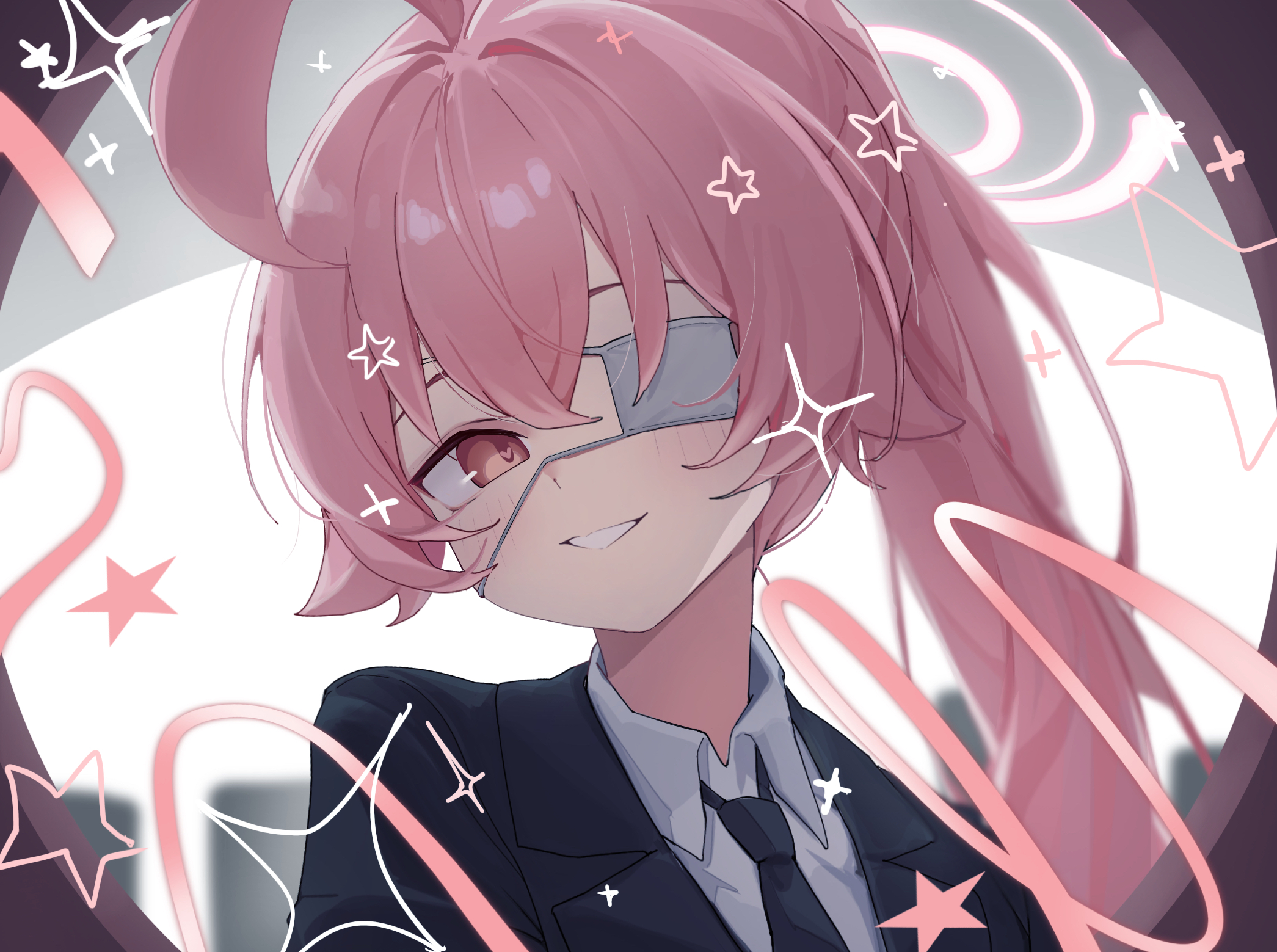 arsyky14, hoshino (blue archive), blue archive, monitoring (vocaloid), highres, 1girl, :d, ahoge, black jacket, black necktie, black suit, blush, close-up, collared shirt, crossed bangs, eyepatch, formal clothes, grin, hair between eyes, hair flaps, halo, heart, heart in eye, jacket, light blush, long hair, looking at viewer, medical eyepatch, necktie, open mouth, orange eyes, pink hair, pink halo, ponytail, portrait, pov peephole, shirt, sidelocks, simple background, smile, solo, star (symbol), suit, symbol in eye, white background, white sleeves, wing collar