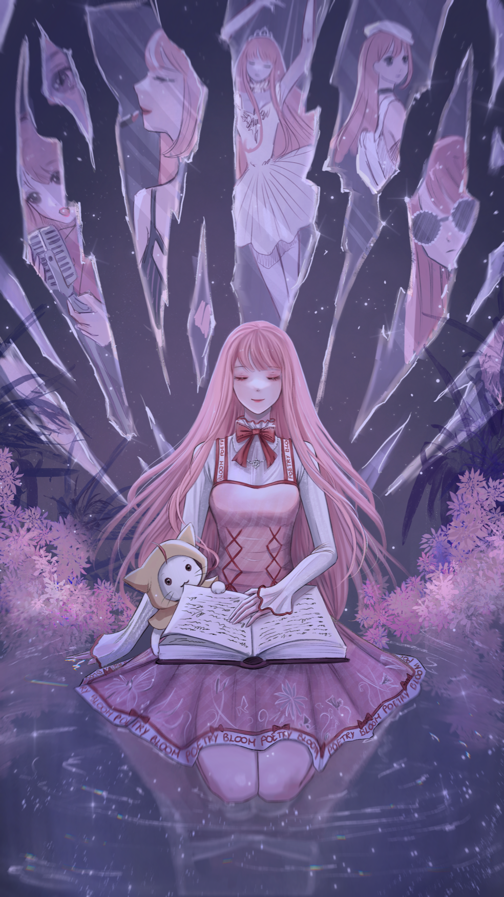 bloom poetry (shining nikki), momo (nikki), nikki (nikki), nikki (series), shining nikki, highres, 1girl, animal, applying makeup, argyle clothes, argyle dress, arms up, arti, backpack, bag, ballerina, beret, biting, black eyes, black tank top, book, bow, bowtie, brown eyes, cat, cloak, closed eyes, closed mouth, clothed animal, clothes writing, collared shirt, cosmetics, cross-laced clothes, cross-laced dress, dancing, different reflection, dress, ear covers, eyelashes, eyeshadow, floral print, frilled shirt collar, frilled sleeves, frills, full body, glass shards, glasses, glittering date (shining nikki), happy, hat, high collar, holding, holding lipstick tube, holding microphone, hood, hood up, hooded cloak, kneeling, light particles, lipstick, lipstick tube, long hair, long sleeves, looking at viewer, makeup, medium dress, microphone, microphone stand, music, opaque glasses, open book, pink-framed eyewear, pink dress, pink eyeshadow, pink hair, pink lips, pink shirt, pleated dress, reading, red bow, red bowtie, red lips, reflection, reflective floor, round eyewear, shirt, singing, sleeves past wrists, smile, solid circle eyes, straight-on, sunglasses, tank top, tiara, tutu, very long hair, whiskers, white bag, white cat, white dress, white hair, white shirt, yellow cloak