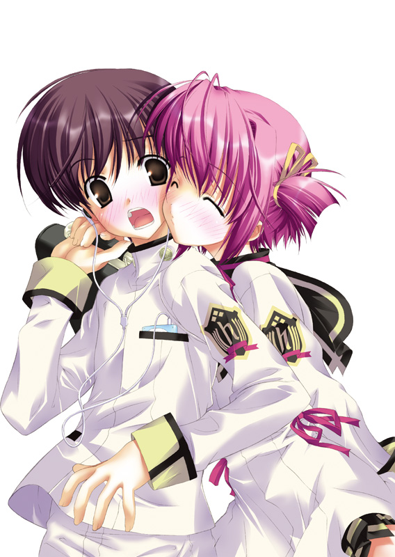 fujima takuya, otokawa natsuru, yanagi eitaro, yanagi eitarou, tsuiteru kanojo, 1boy, 1girl, bag, cheek-to-cheek, heads together, pink hair, school bag, school uniform, serafuku, simple background, white background