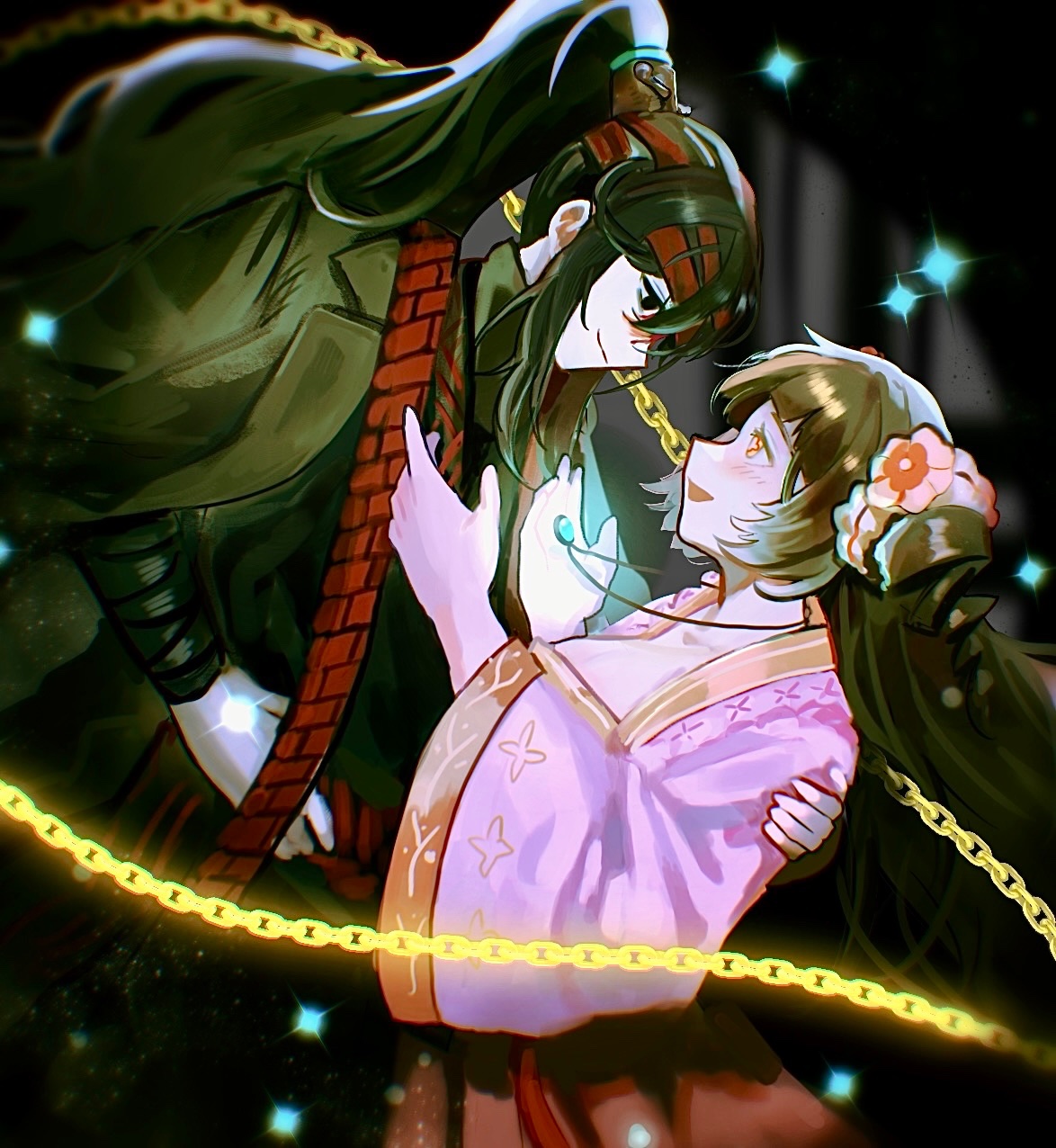 tsudou atsume, hong lu (project moon), xue baochai (project moon), limbus company, project moon, highres, 1boy, 1girl, bandage over one eye, black background, black eyes, black hair, black hanfu, breasts, brown hair, chain, chinese clothes, drill hair, family hierarch candidate (identity) (project moon), flower, hair flower, hair ornament, hanfu, high ponytail, jade pendant, jewelry, long hair, looking at another, orange flower, pink hanfu, ponytail, qixiong ruqun, rope belt, simple background, sparkle, standing, stole, twin drills, upper body, yellow eyes
