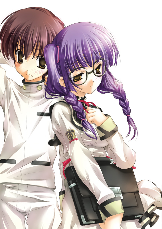 fujima takuya, kazama miori, yanagi eitaro, yanagi eitarou, tsuiteru kanojo, 1boy, 1girl, bag, blue hair, braid, glasses, round eyewear, sad, school bag, school uniform, serafuku, simple background, twin braids, white background