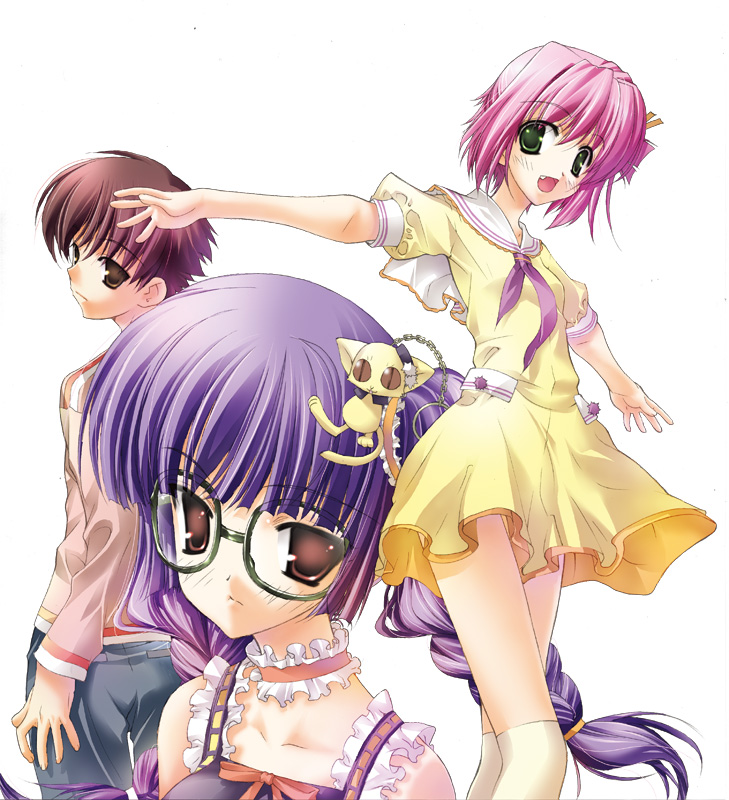 fujima takuya, kazama miori, otokawa natsuru, yanagi eitaro, yanagi eitarou, tsuiteru kanojo, 1boy, 2girls, blue hair, braid, dress, glasses, multiple girls, red hair, round eyewear, simple background, skirt, thighhighs, twin braids, white background, yellow dress, yellow skirt