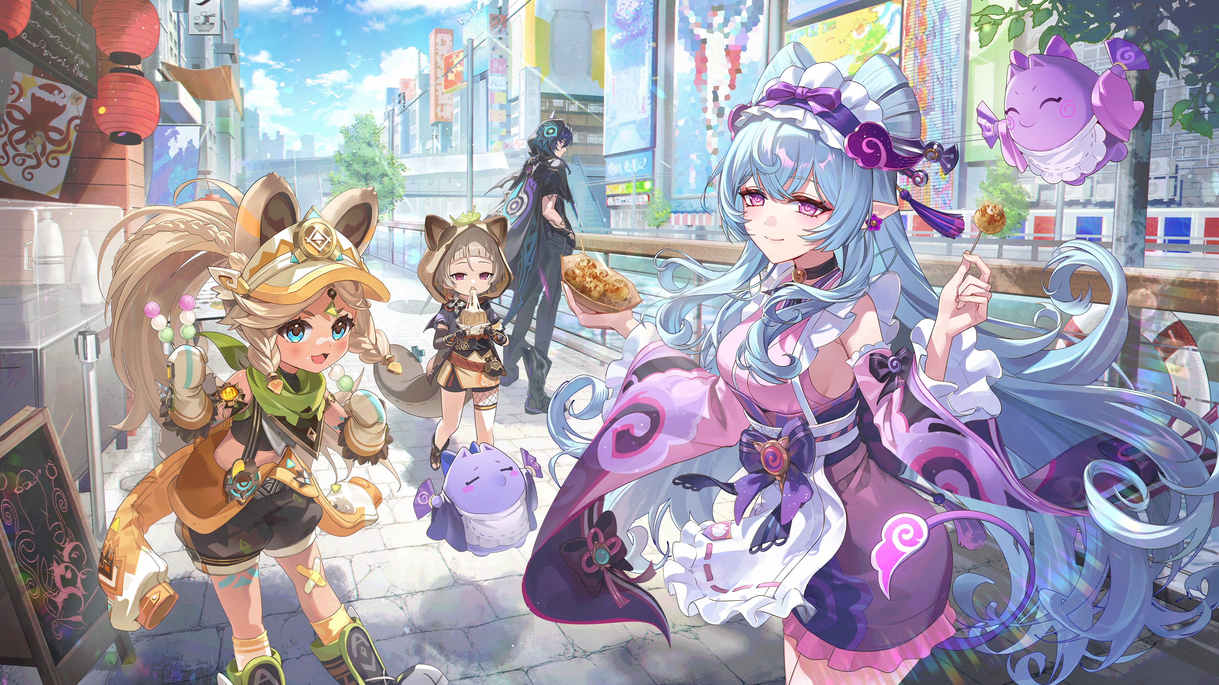 muksal, kachina (genshin impact), ororon (genshin impact), sayu (genshin impact), yumemizuki mizuki, genshin impact, absurdres, highres, promotional art, second-party source, 1boy, 3girls, animal ears, blue hair, brown hair, closed mouth, detached sleeves, floating hair, japanese clothes, kimono, long hair, long sleeves, looking at viewer, mittens, multiple girls, open mouth, outdoors, pink kimono, smile, standing, tail, tapir ears, tapir girl, tapir tail, wide sleeves