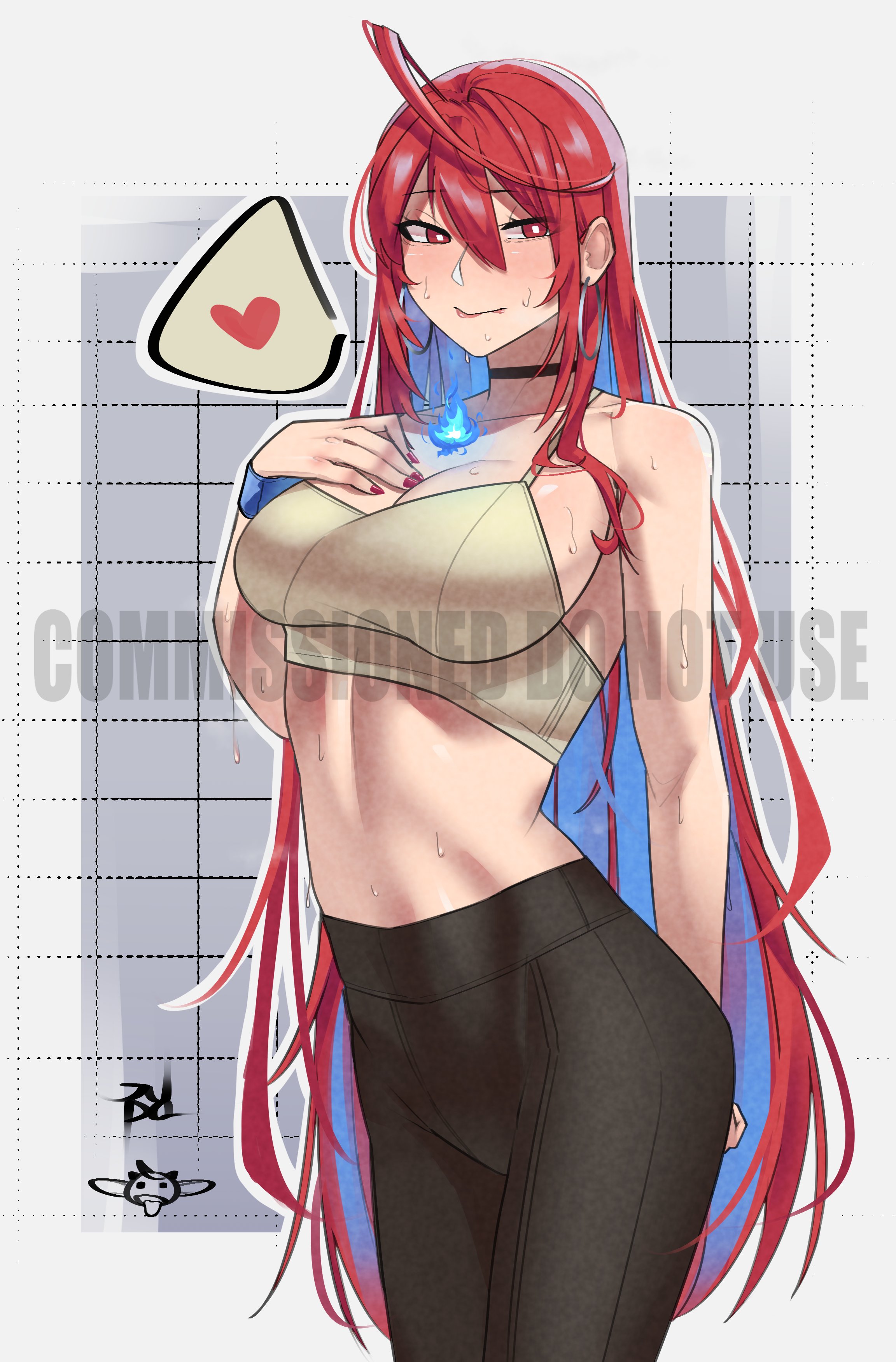 juuuudo, elizabeth rose bloodflame, hololive, hololive english, absurdres, commentary, commission, english commentary, highres, 1girl, alternate costume, black choker, black pants, blue fire, blue hair, bra, breasts, choker, colored inner hair, fire, fire on chest, grey bra, heart, large breasts, long hair, multicolored hair, pants, red eyes, red hair, red nails, solo, spoken heart, sweat, underwear, very long hair, virtual youtuber, watermark