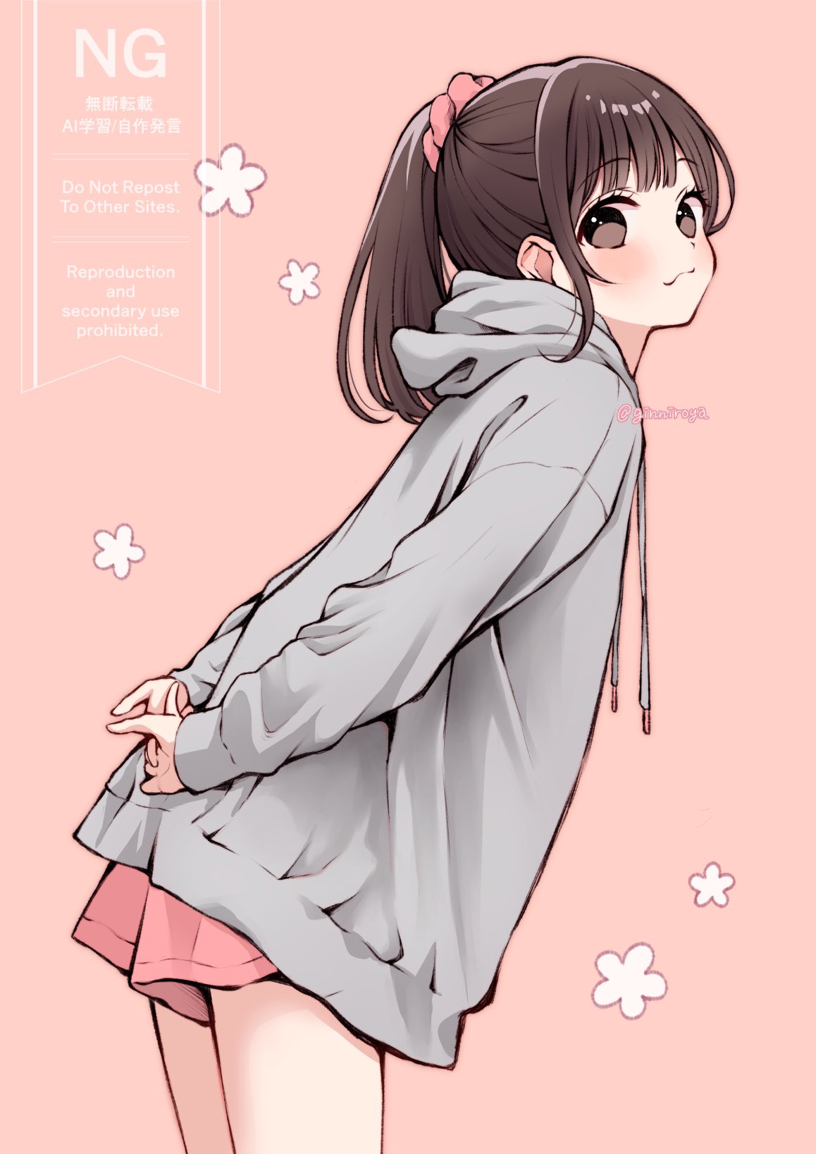 ginniroya, original, highres, 1girl, arms behind back, brown eyes, brown hair, from side, grey hoodie, grey jacket, hood, hoodie, jacket, leaning forward, long hair, looking at viewer, own hands together, pink background, pink shorts, ponytail, scrunchie, shorts, simple background, smile, solo